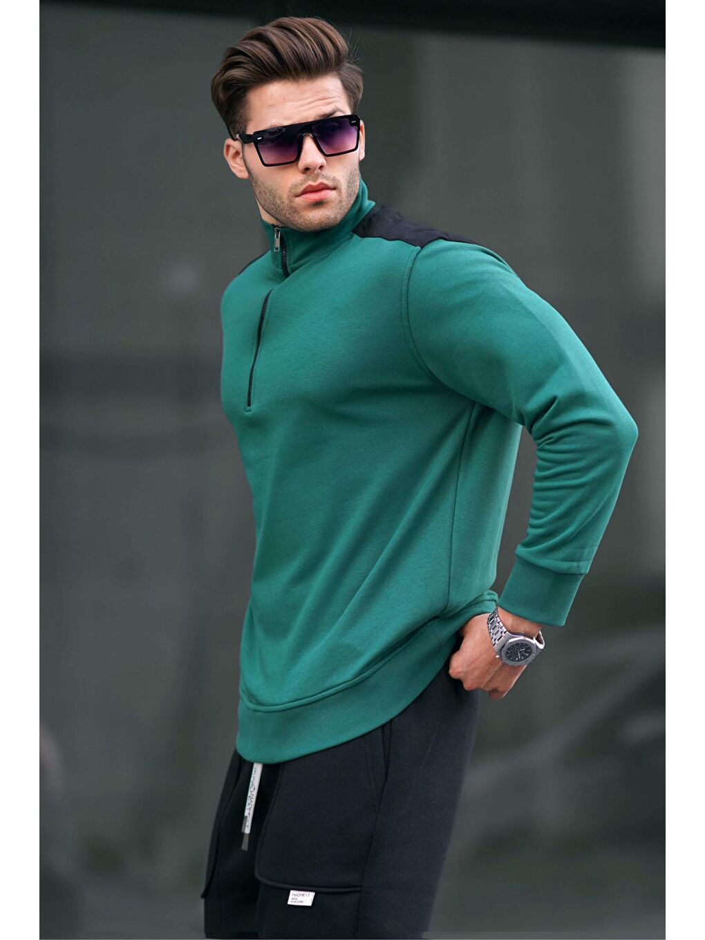Koyu Yeşil Fermuar Yaka Basic Erkek Sweatshirt 6157-1
