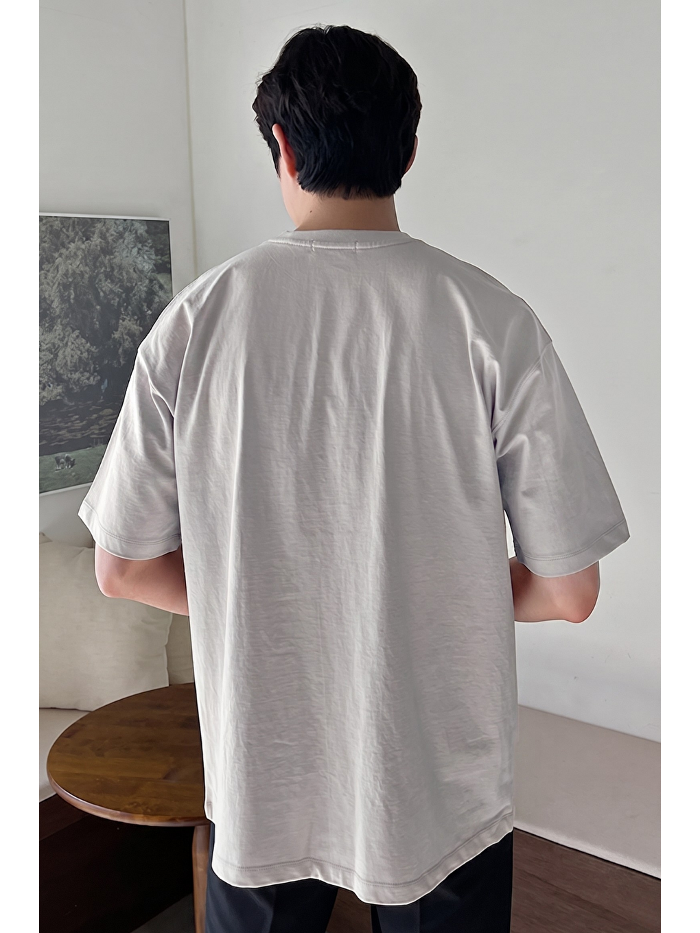 Gri Erkek Oversize Tişört Pamuk Kumaş Bisiklet Yaka Rahat Kalıp T-shirt-3