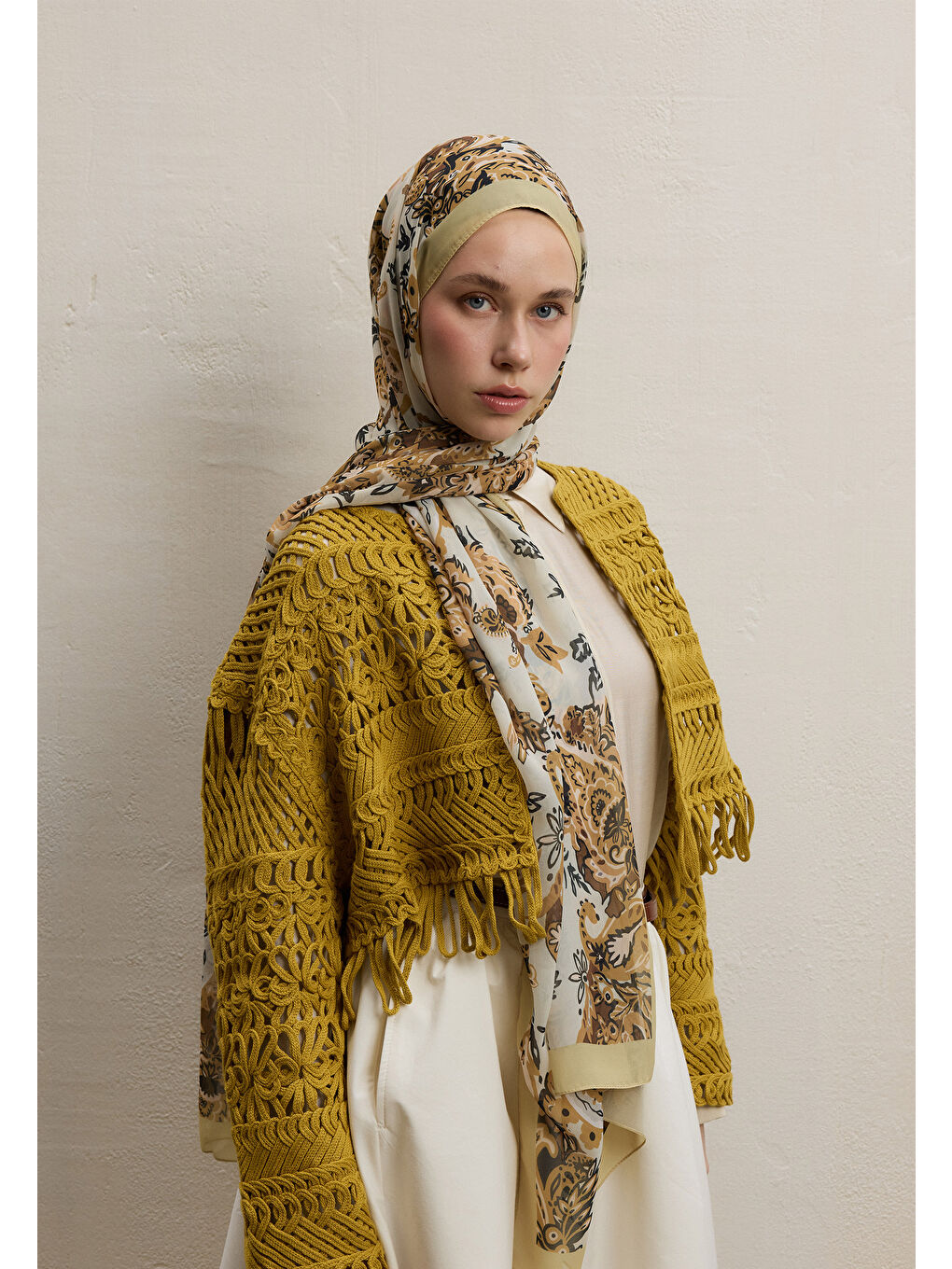 Kahverengi Wıld Flora Desen İpek Krep Şal Hardal-3