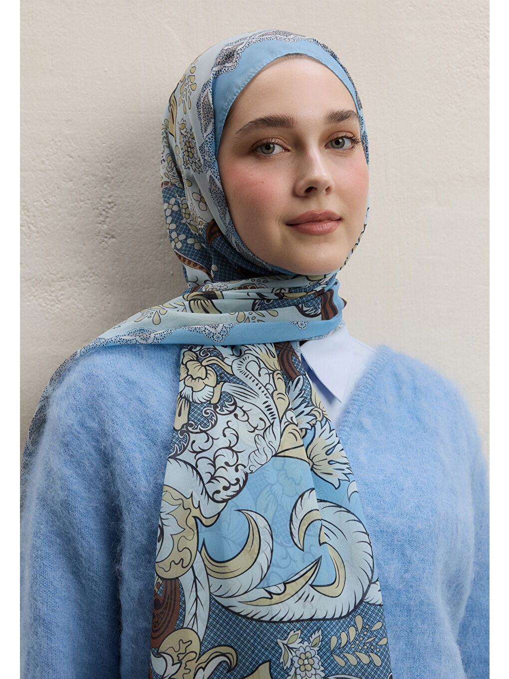 Poppıes Desen İpek Krep Şal İndigo-2