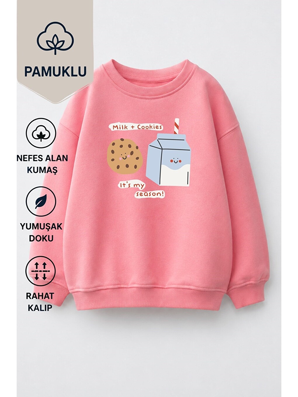 Pembe Kız Çocuk 3 İplik Kumaş Pamuklu Baskılı Sweatshirt-1