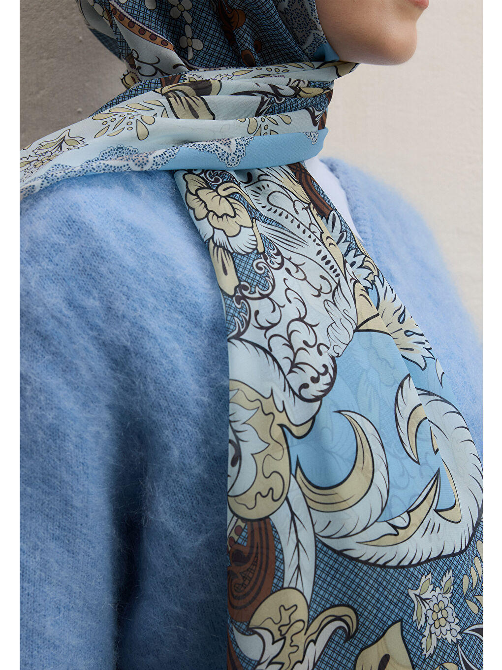 Poppıes Desen İpek Krep Şal İndigo-3