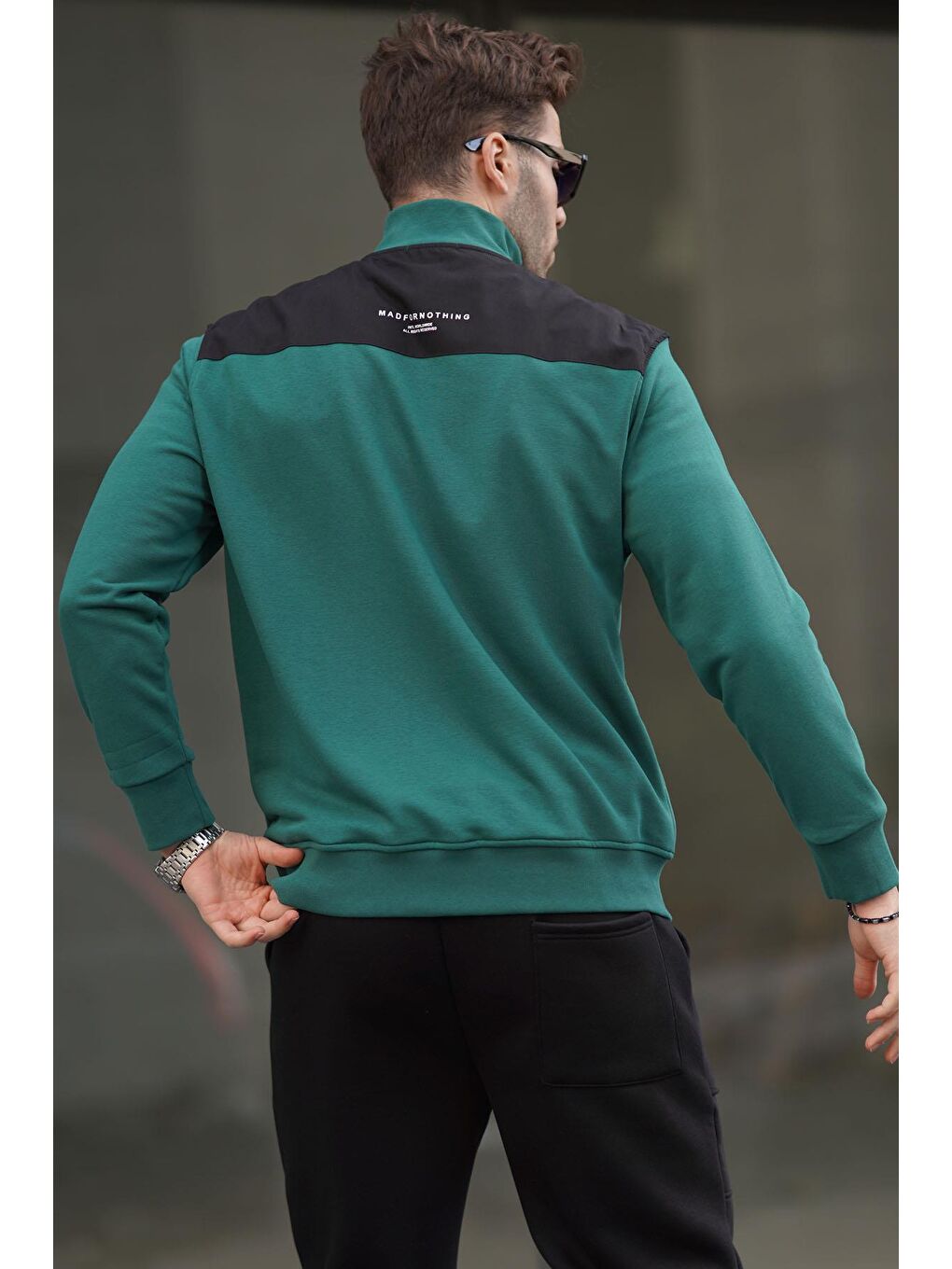 Koyu Yeşil Fermuar Yaka Basic Erkek Sweatshirt 6157-2