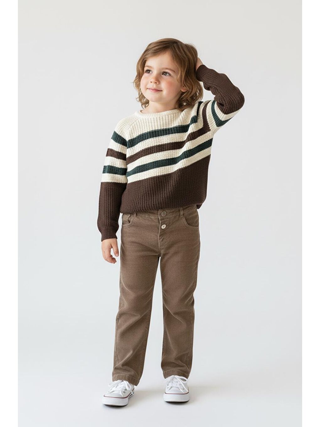 Kahverengi Çizgili Triko Kazak Pantolon Takım-3