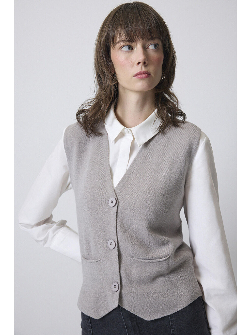 Gri Dikişsiz Triko Yelek-2