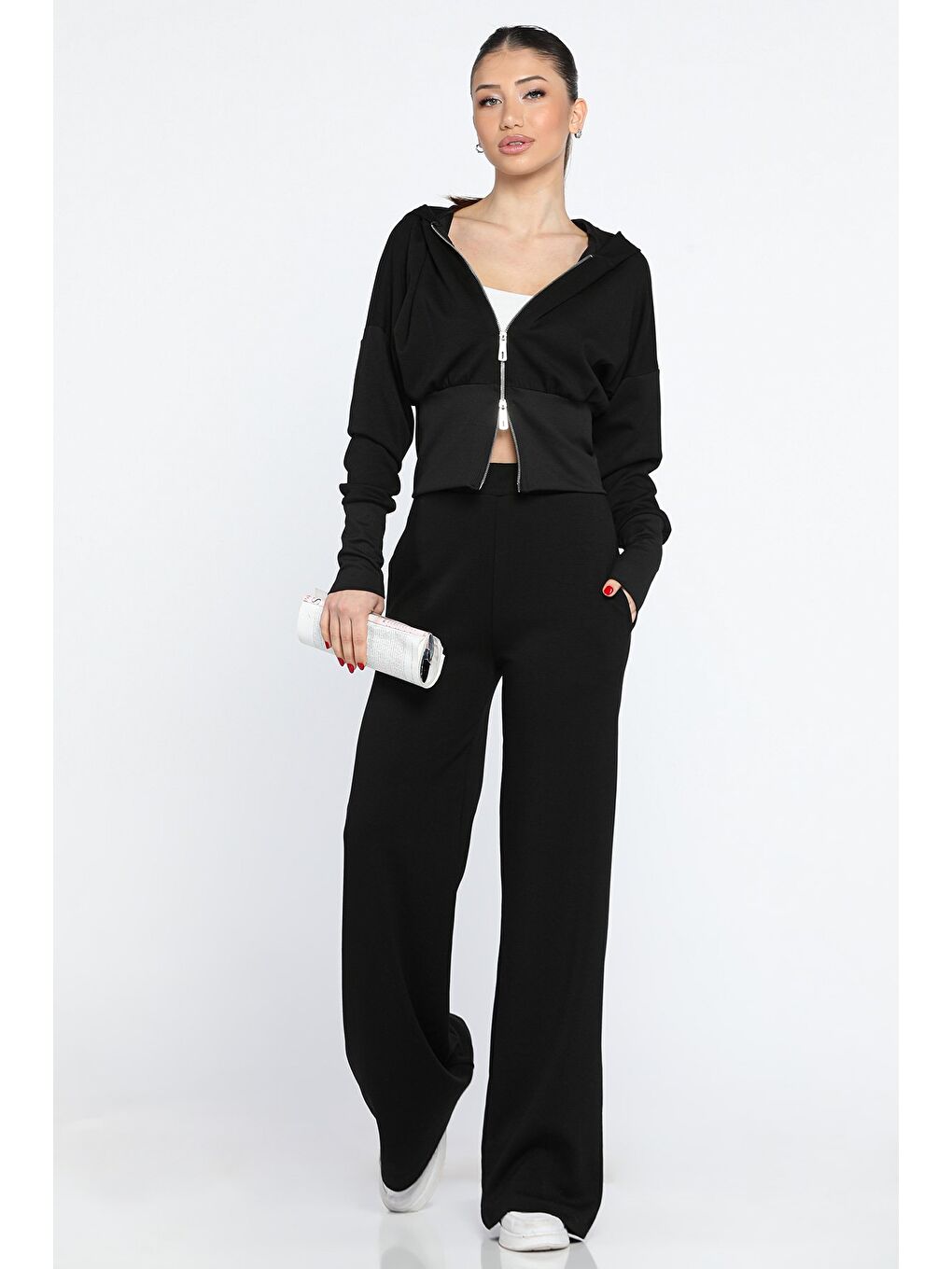 Siyah Kadın Kapüşonlu Fermuarlı Sweat Palazzo Pantolon Eşofman Takımı