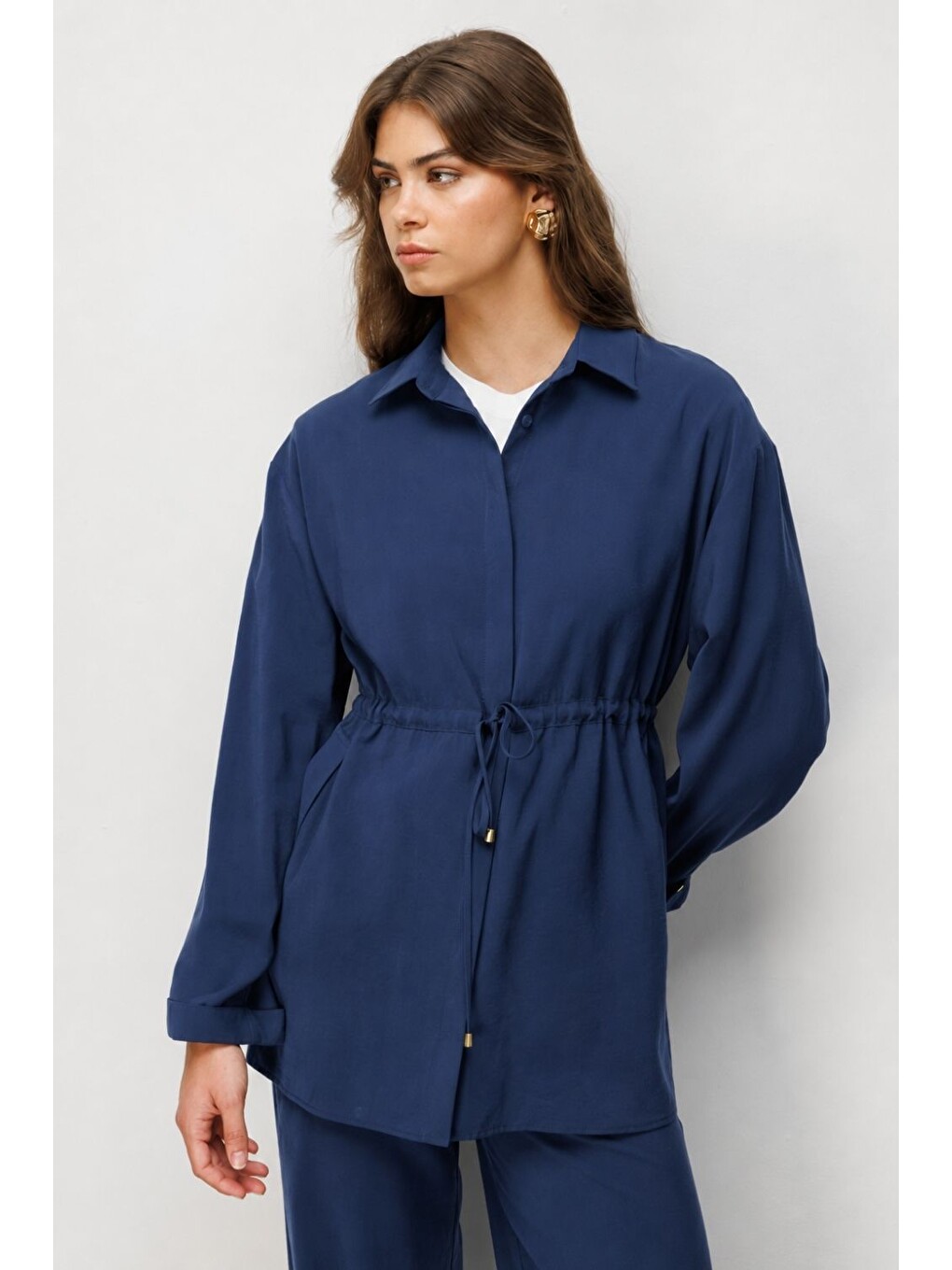 Beli Büzgülü Modal Dokulu İndigo Tunik-3