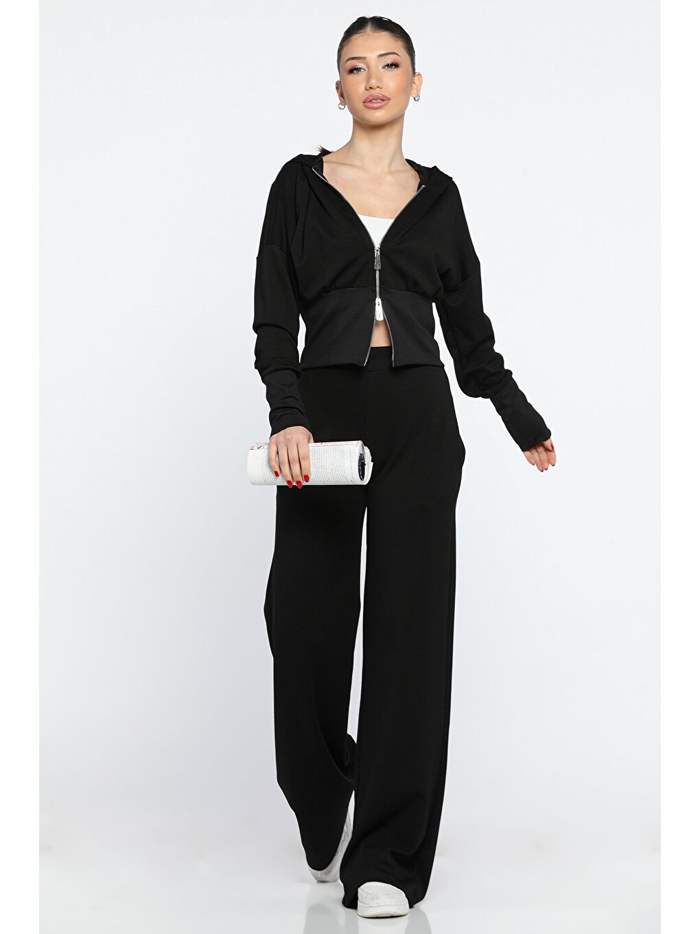 Siyah Kadın Kapüşonlu Fermuarlı Sweat Palazzo Pantolon Eşofman Takımı-1