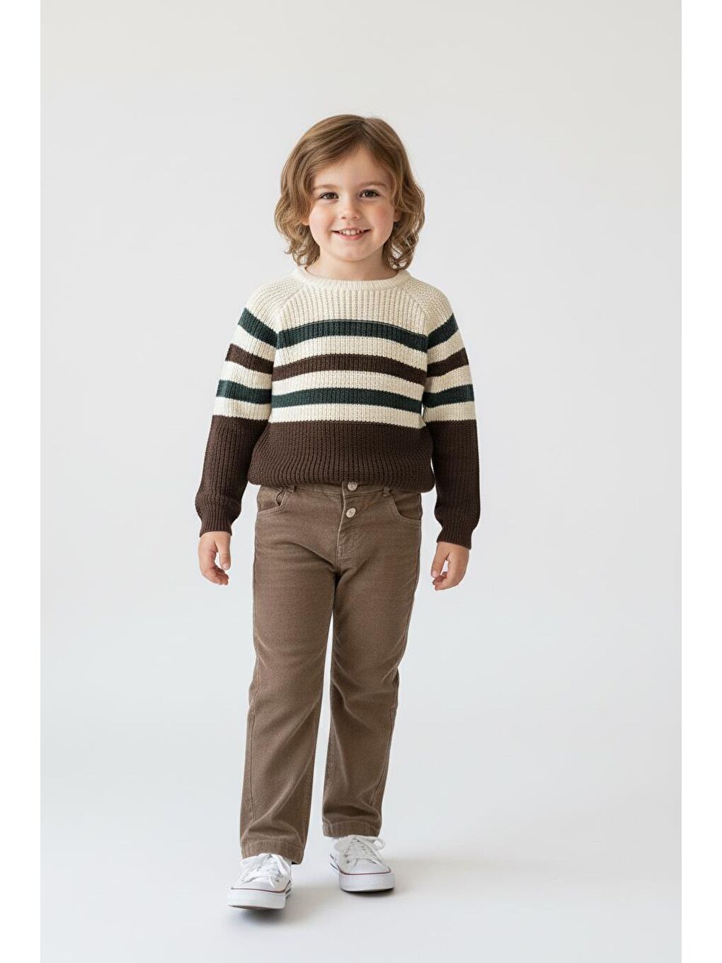 Kahverengi Çizgili Triko Kazak Pantolon Takım-4