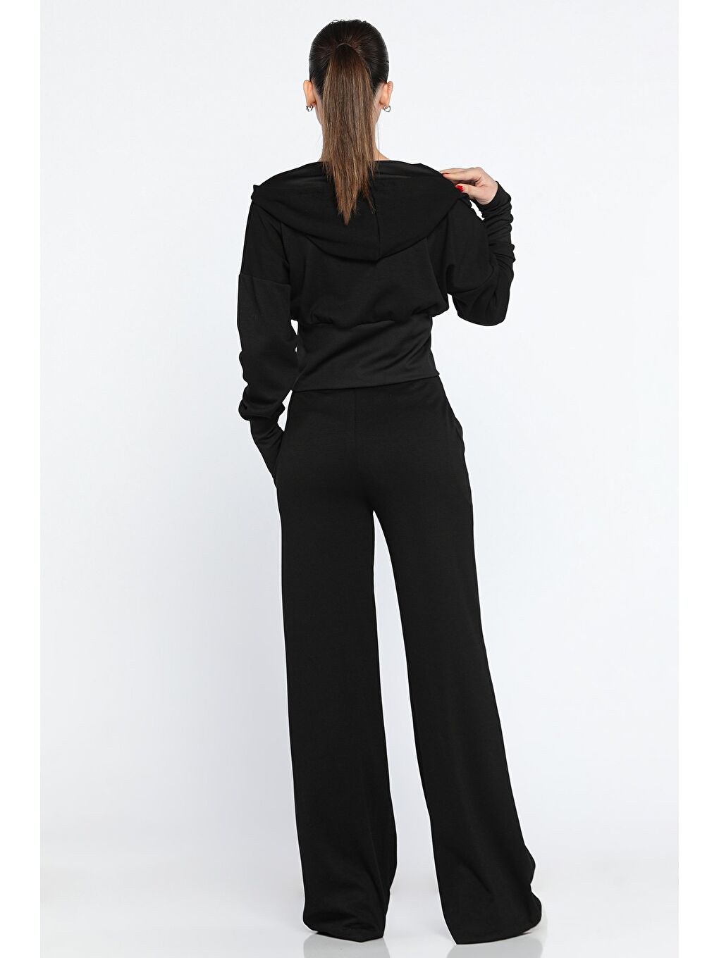Siyah Kadın Kapüşonlu Fermuarlı Sweat Palazzo Pantolon Eşofman Takımı-2