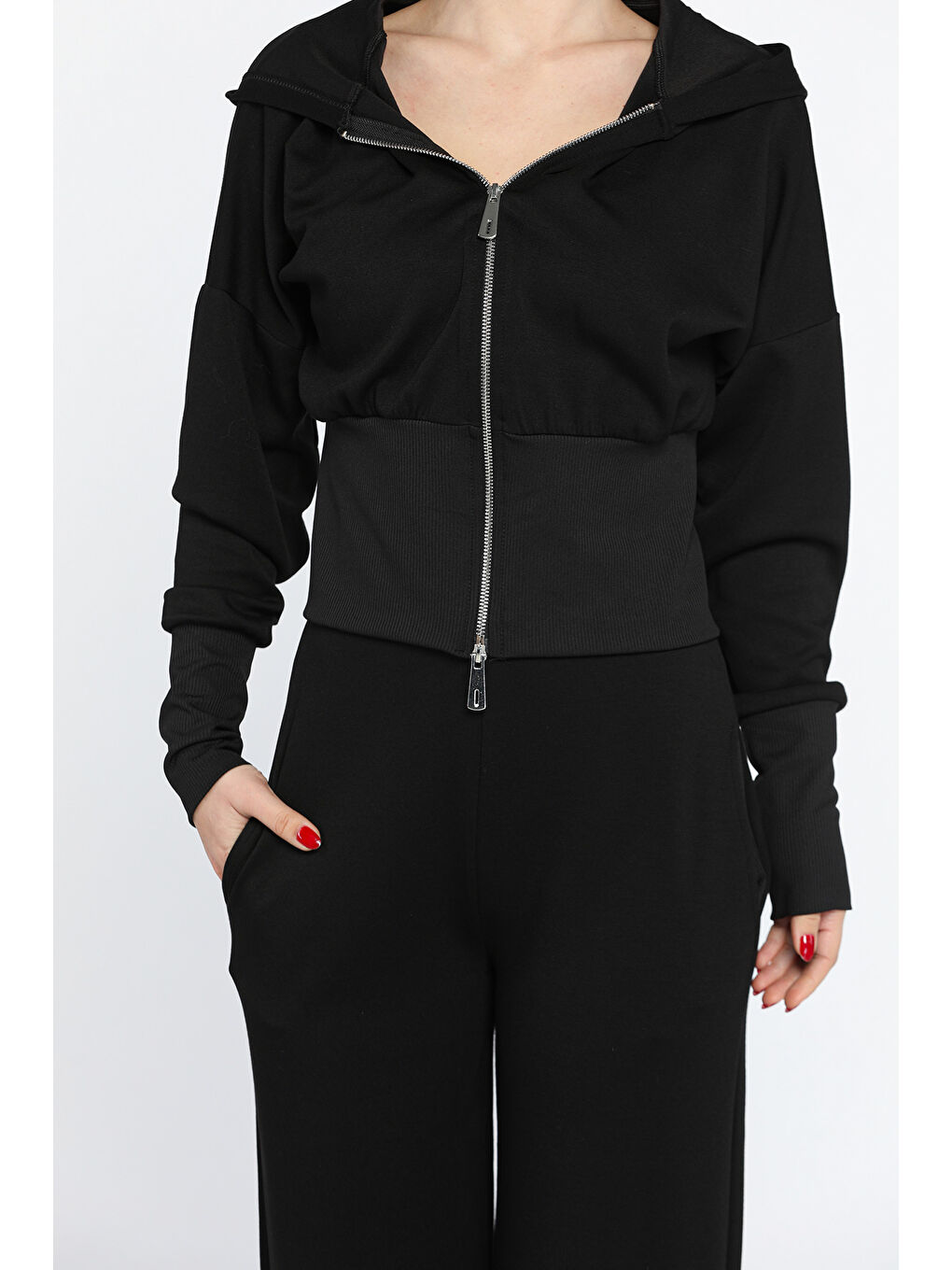 Siyah Kadın Kapüşonlu Fermuarlı Sweat Palazzo Pantolon Eşofman Takımı-3