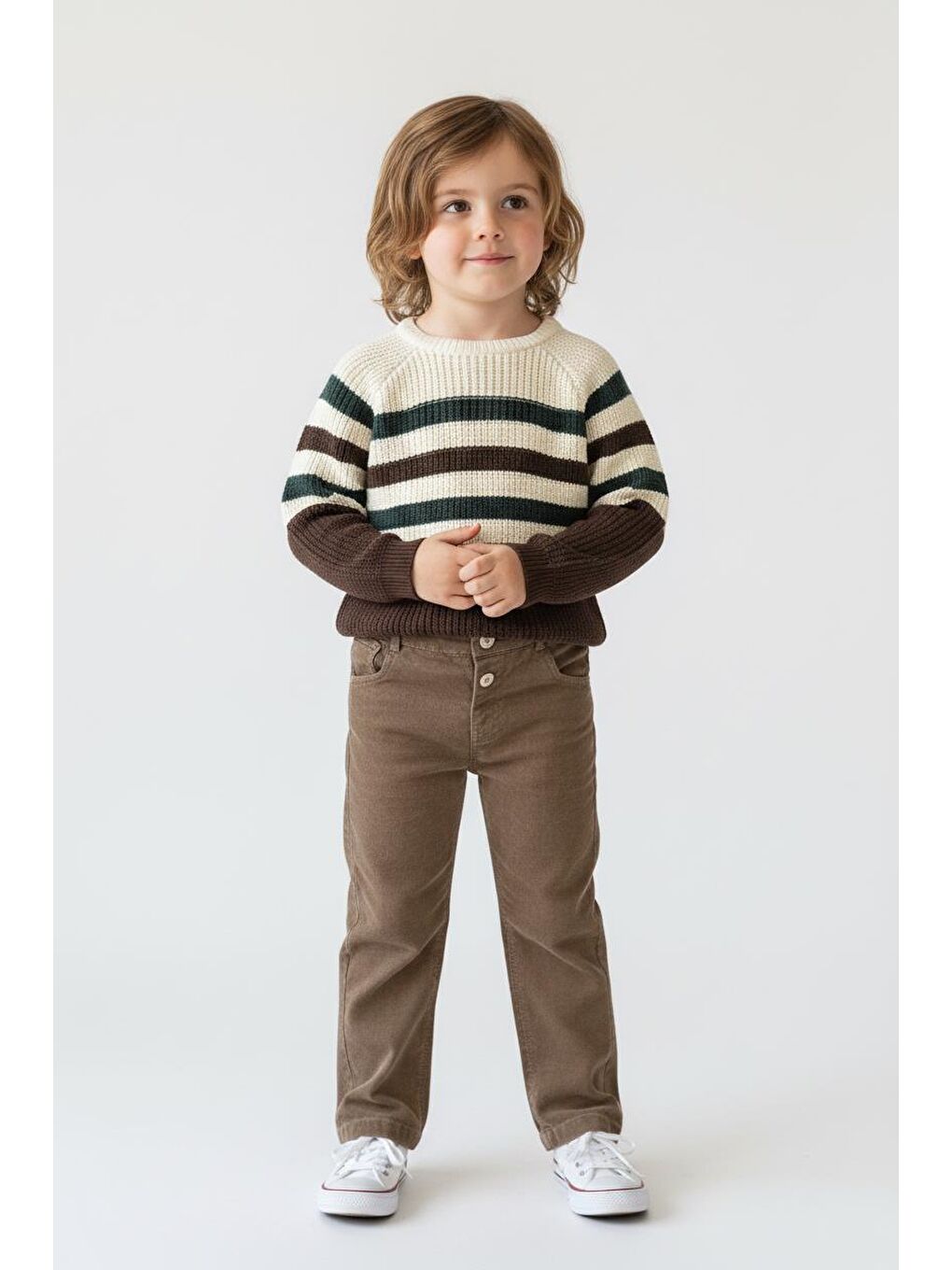 Kahverengi Çizgili Triko Kazak Pantolon Takım-5