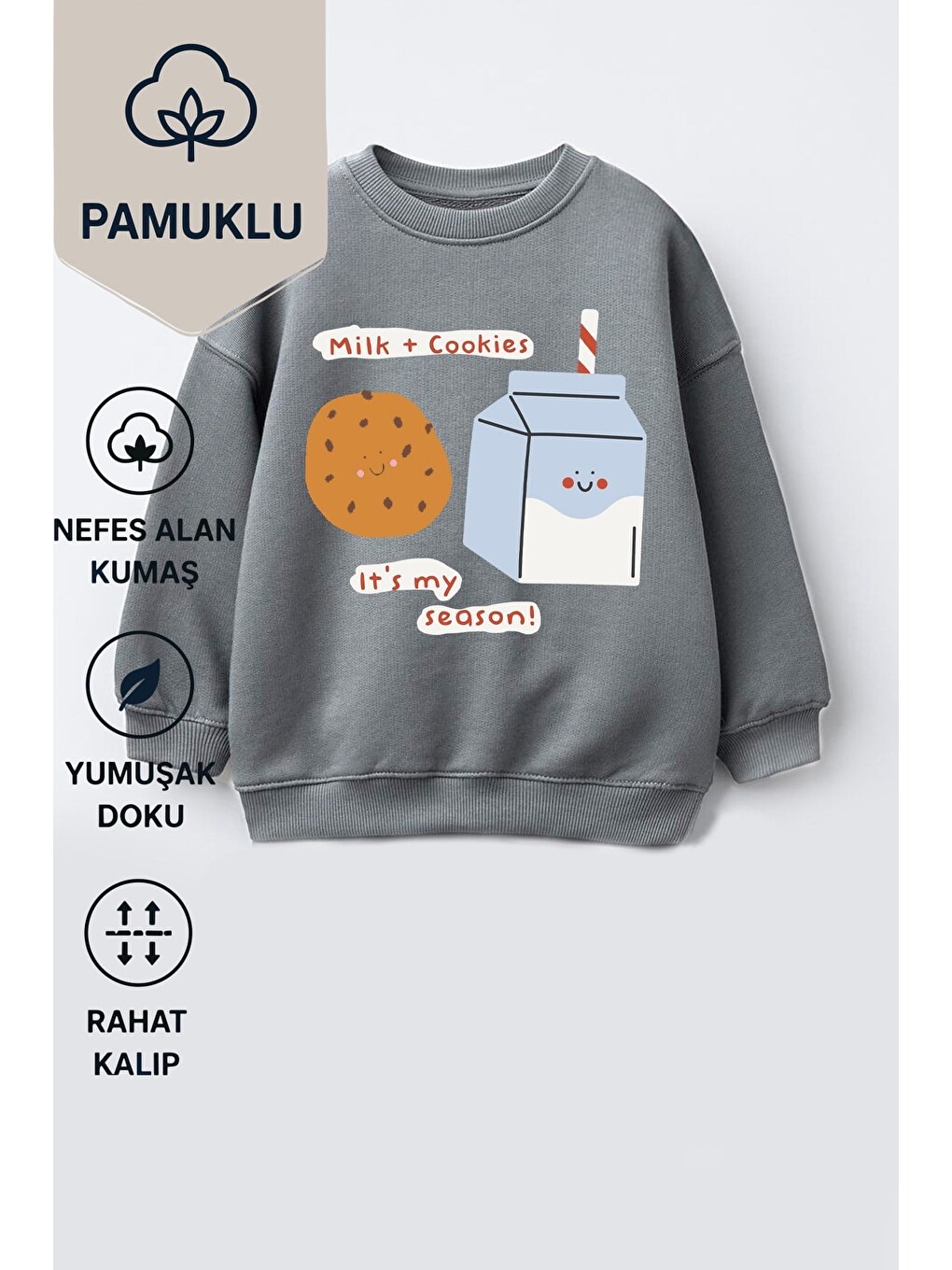 Antrasit Kız Çocuk 3 İplik Kumaş Pamuklu Baskılı Sweatshirt-1