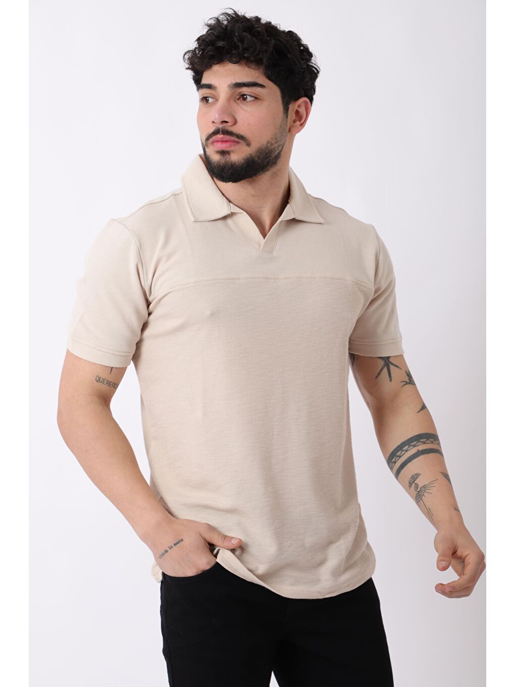 Bej Parçalı Apaç Yaka Erkek Tişört JS 1023_30418