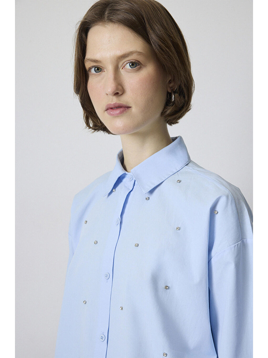 Mavi Relax Fit Taşlı Gömlek-4