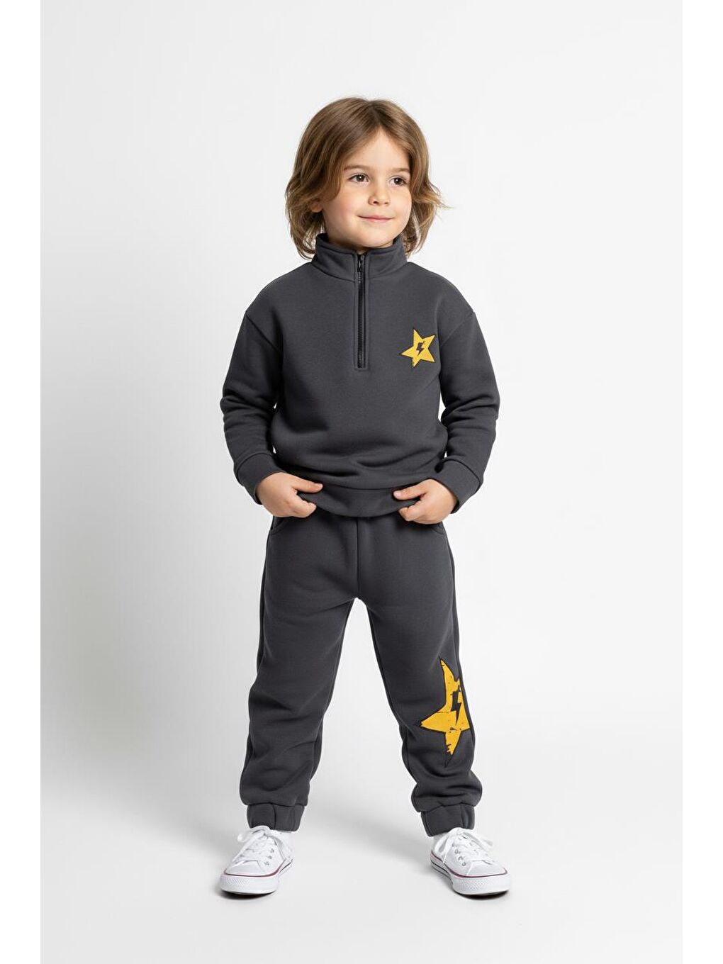 Antrasit Fermuar Detaylı Şimşek Baskılı 2 Li Takım