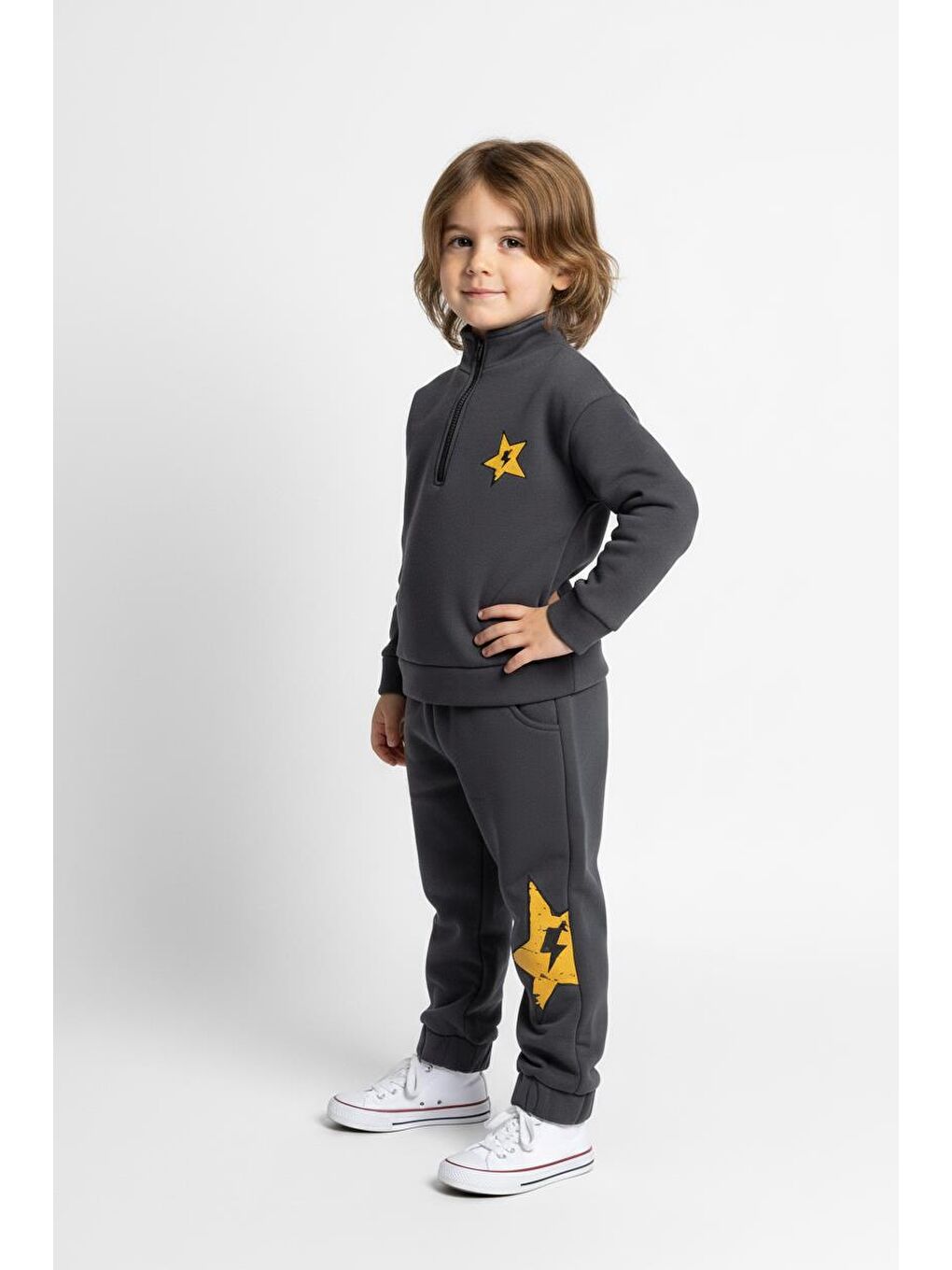 Antrasit Fermuar Detaylı Şimşek Baskılı 2 Li Takım-1