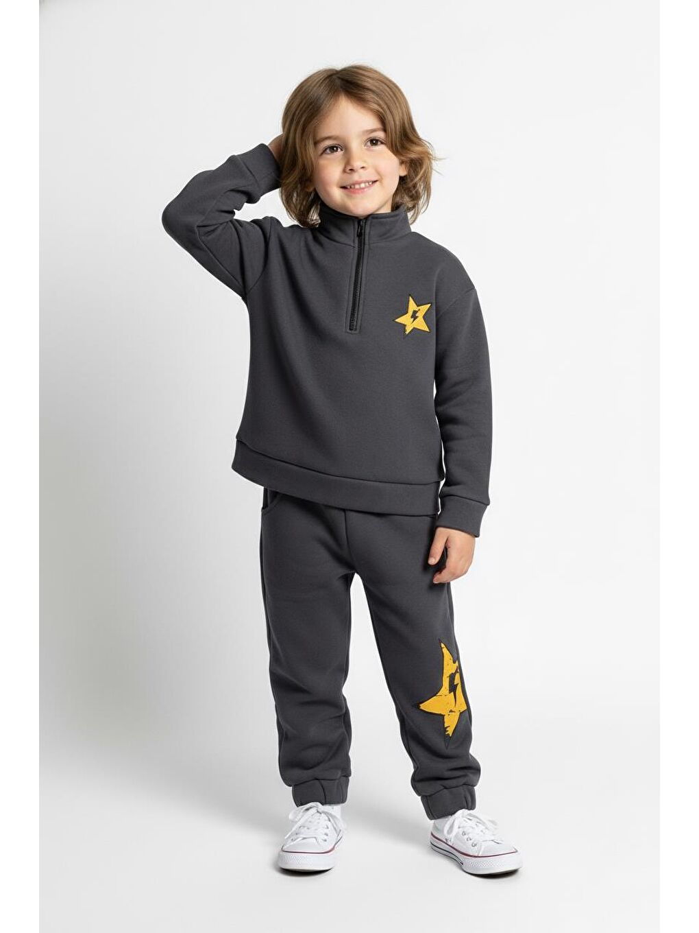 Antrasit Fermuar Detaylı Şimşek Baskılı 2 Li Takım-3