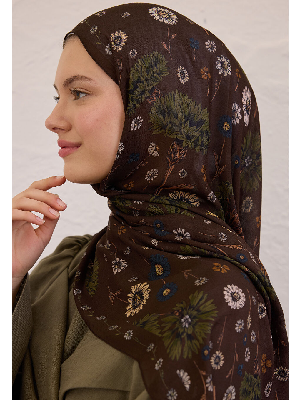 Kahverengi Bloomıng Dahlıa Desen Rami Şal Kahve-3
