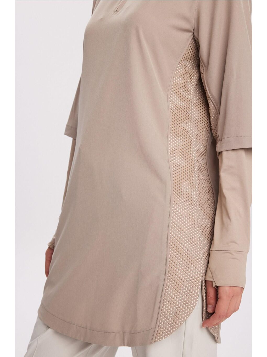 Bej Active H-Per Fit Lazer Kesim Detaylı Vizon Tesettür Antrenman Üstü Act-33-5