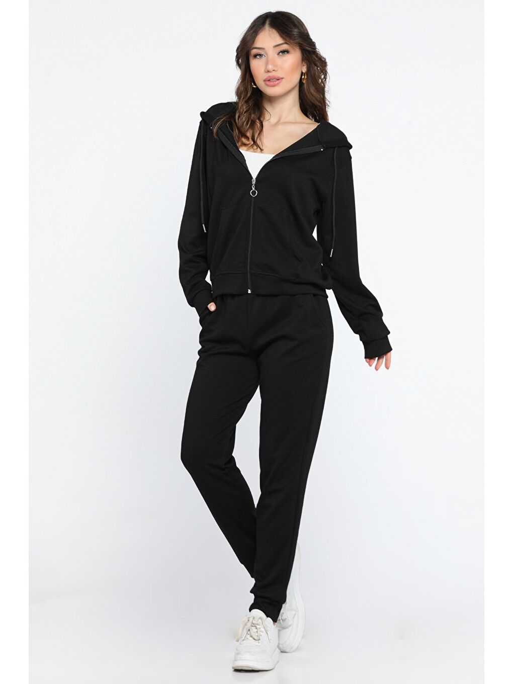 Siyah Kadın Cepli Fermuarlı Sweat Pantolon Eşofman Takımı