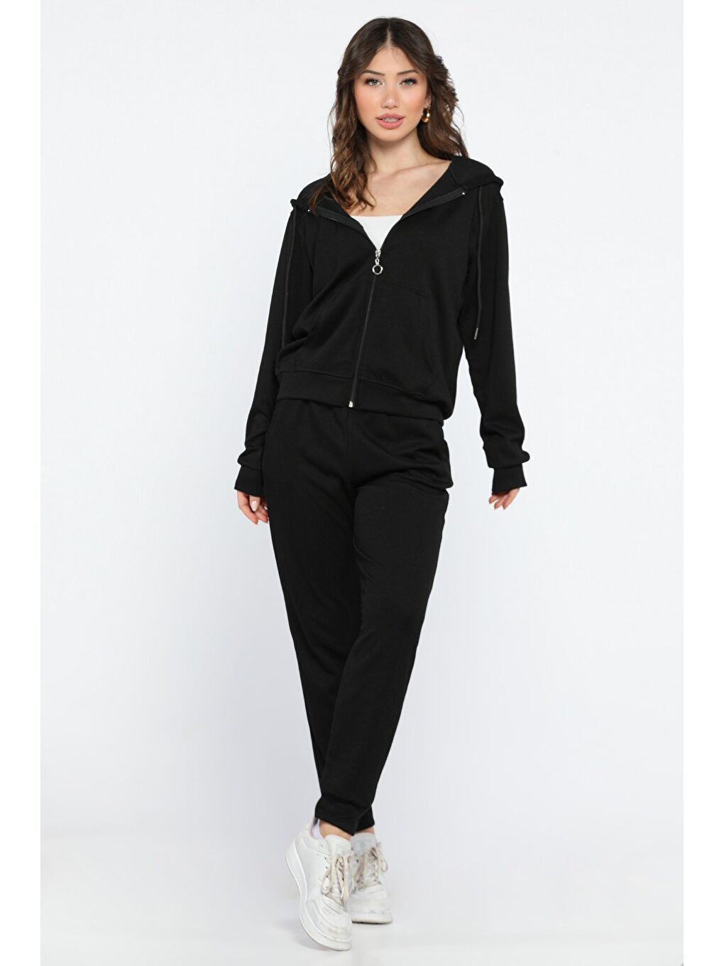 Siyah Kadın Cepli Fermuarlı Sweat Pantolon Eşofman Takımı-1