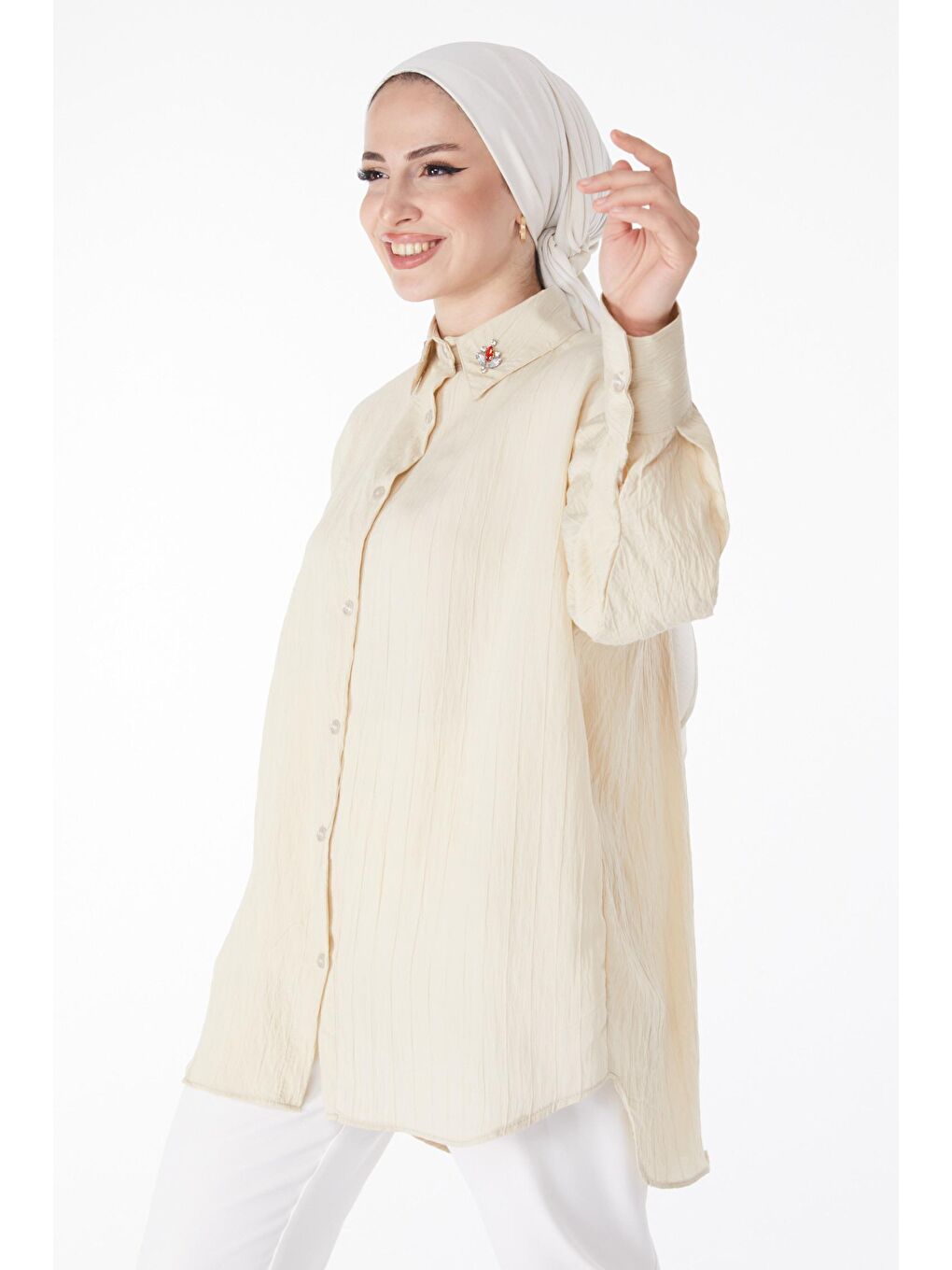 Gömlek Yaka Kadın Bej Taş Detaylı Gömlek - 25255-2