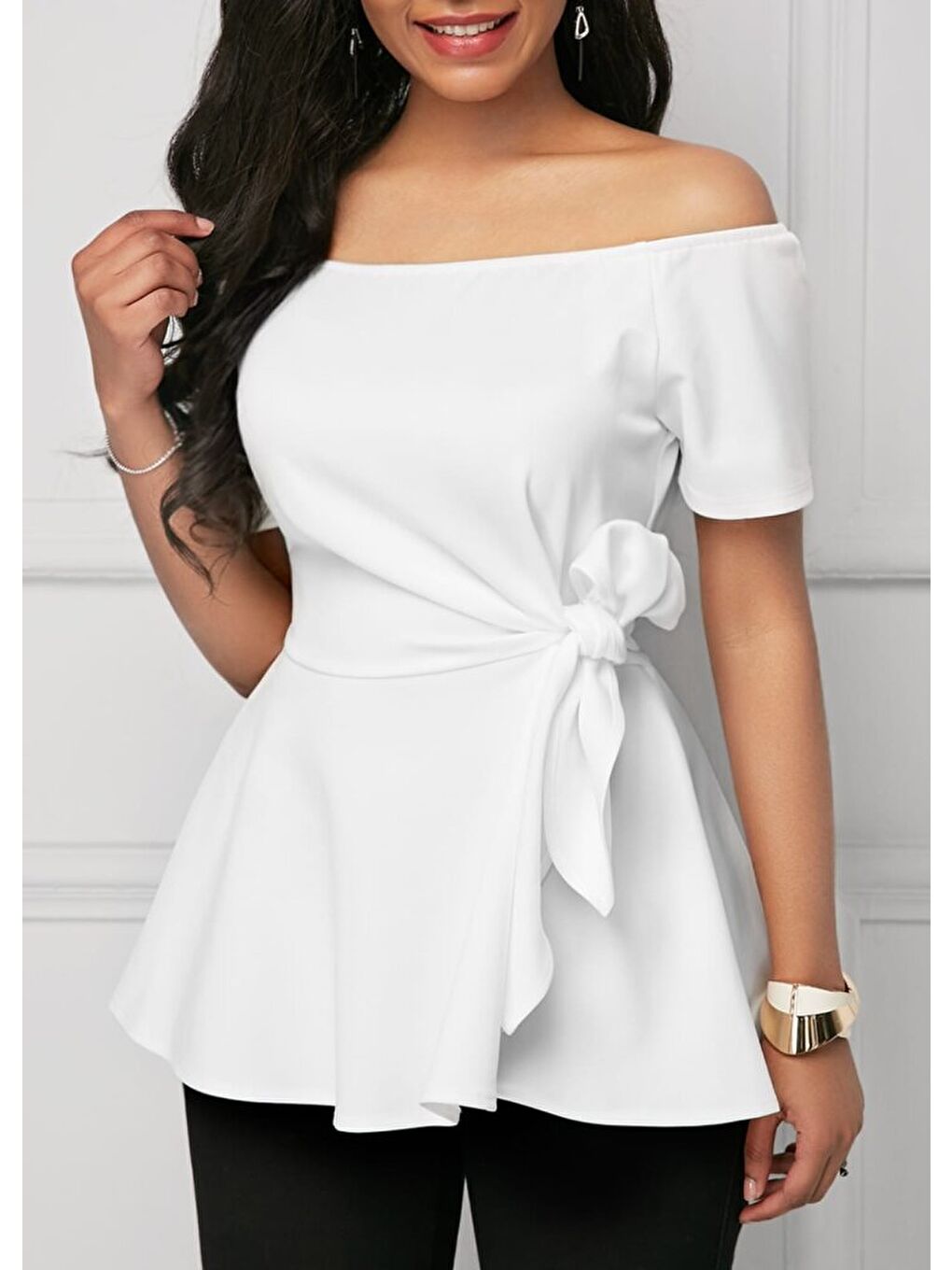 Beyaz Kadın Kısa Kollu Madonna Yaka Yandan Bağlamalı Ithal Krep Bluz-1
