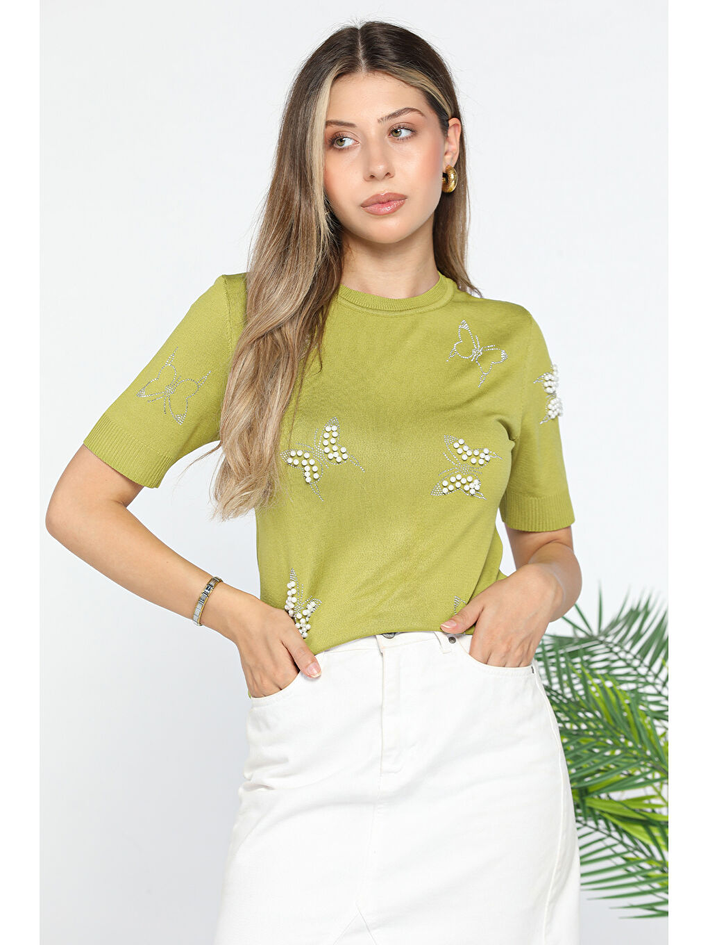 Yeşil İncili Baskılı Triko Tişört