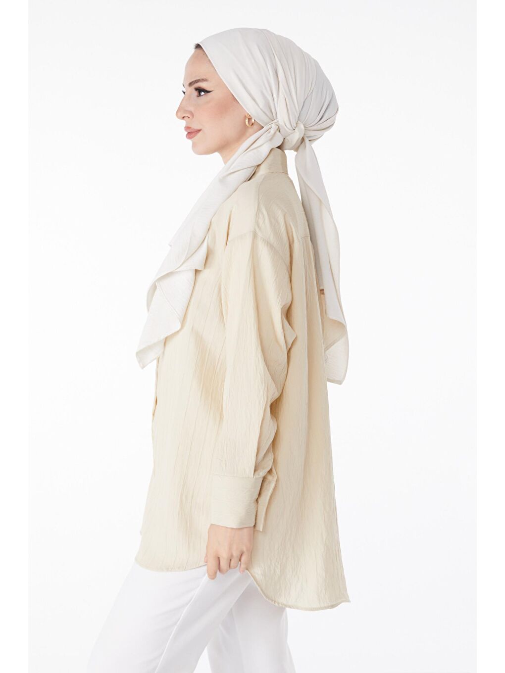 Gömlek Yaka Kadın Bej Taş Detaylı Gömlek - 25255-3