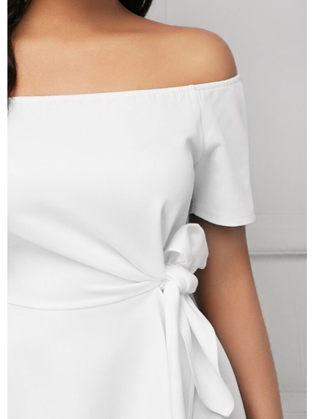 Beyaz Kadın Kısa Kollu Madonna Yaka Yandan Bağlamalı Ithal Krep Bluz-3
