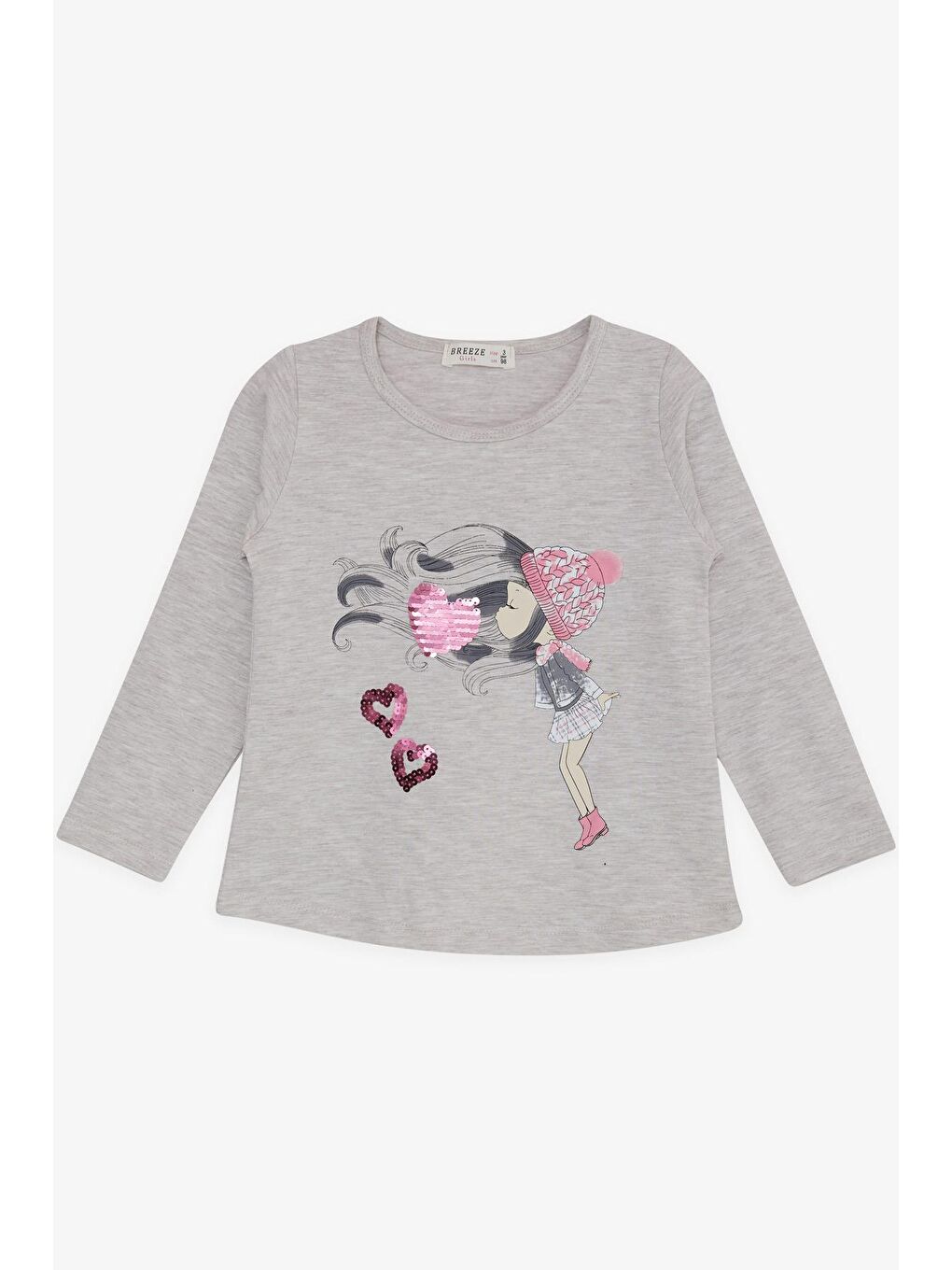Kız Çocuk Uzun Kollu Tişört Pullu Kalp Baskılı Bej Melanj (2-6 Yaş)
