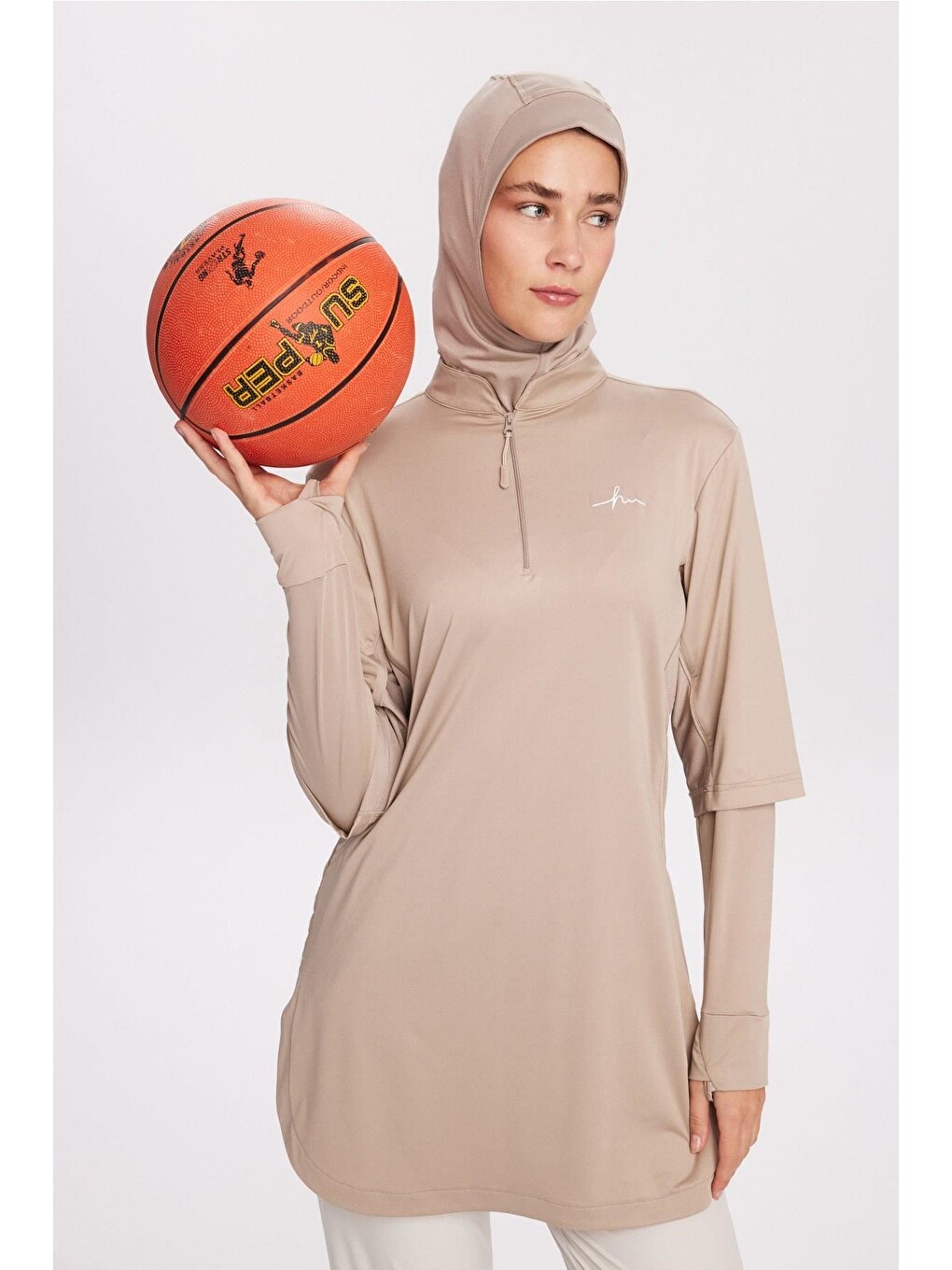Bej Active H-Per Fit Yakası Fermuarlı Vizon Tesettür Antrenman Üstü Act-31-4