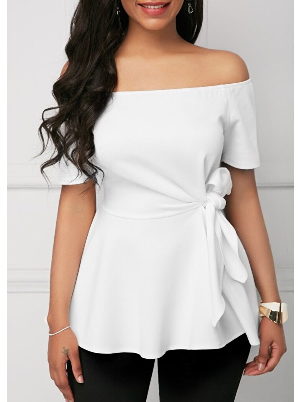 Beyaz Kadın Kısa Kollu Madonna Yaka Yandan Bağlamalı Ithal Krep Bluz-4