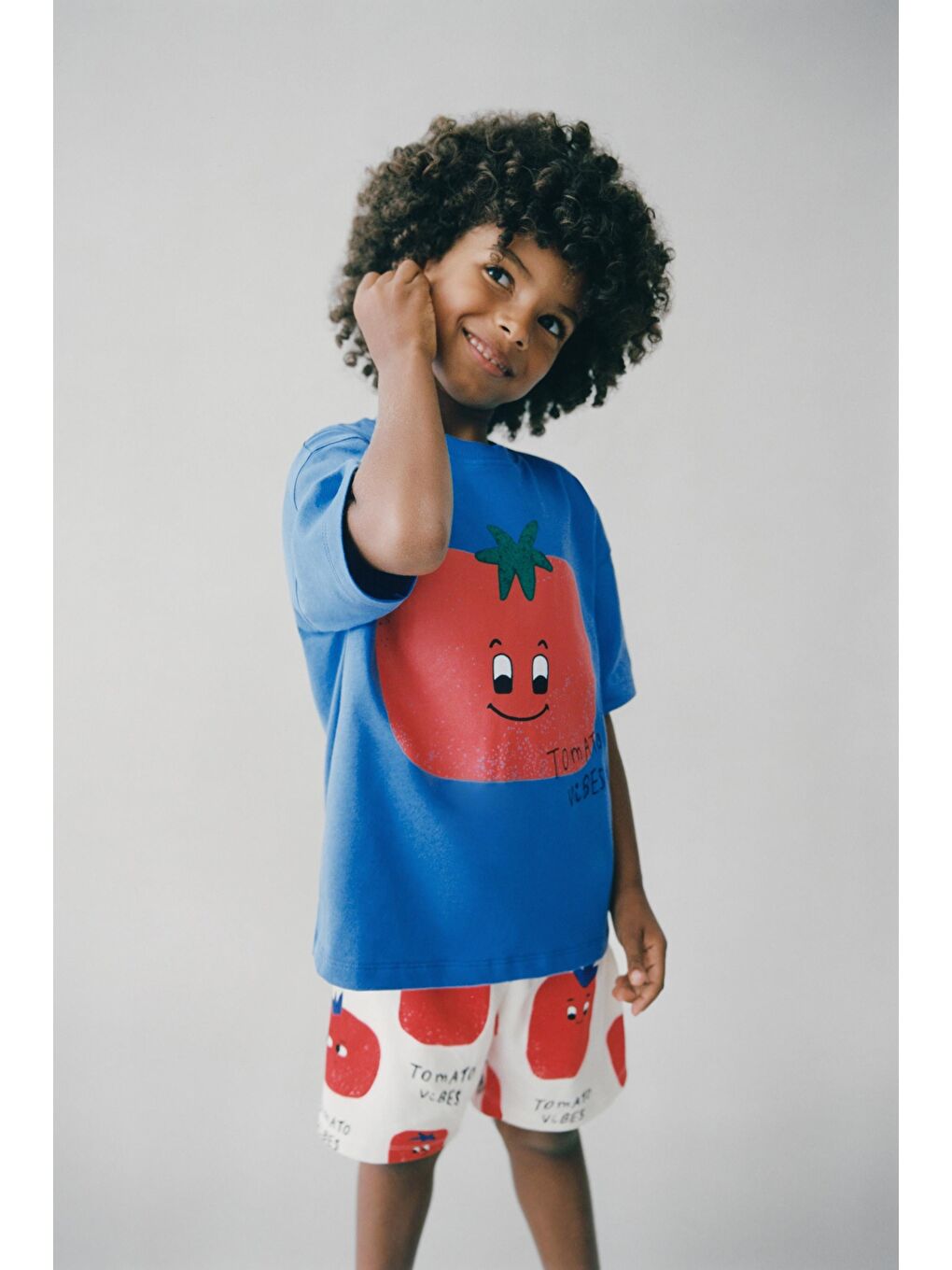 Karışık Unisex Çocuk Pamuklu Mavi Domates Baskılı T-Shirt Şort Takım-4