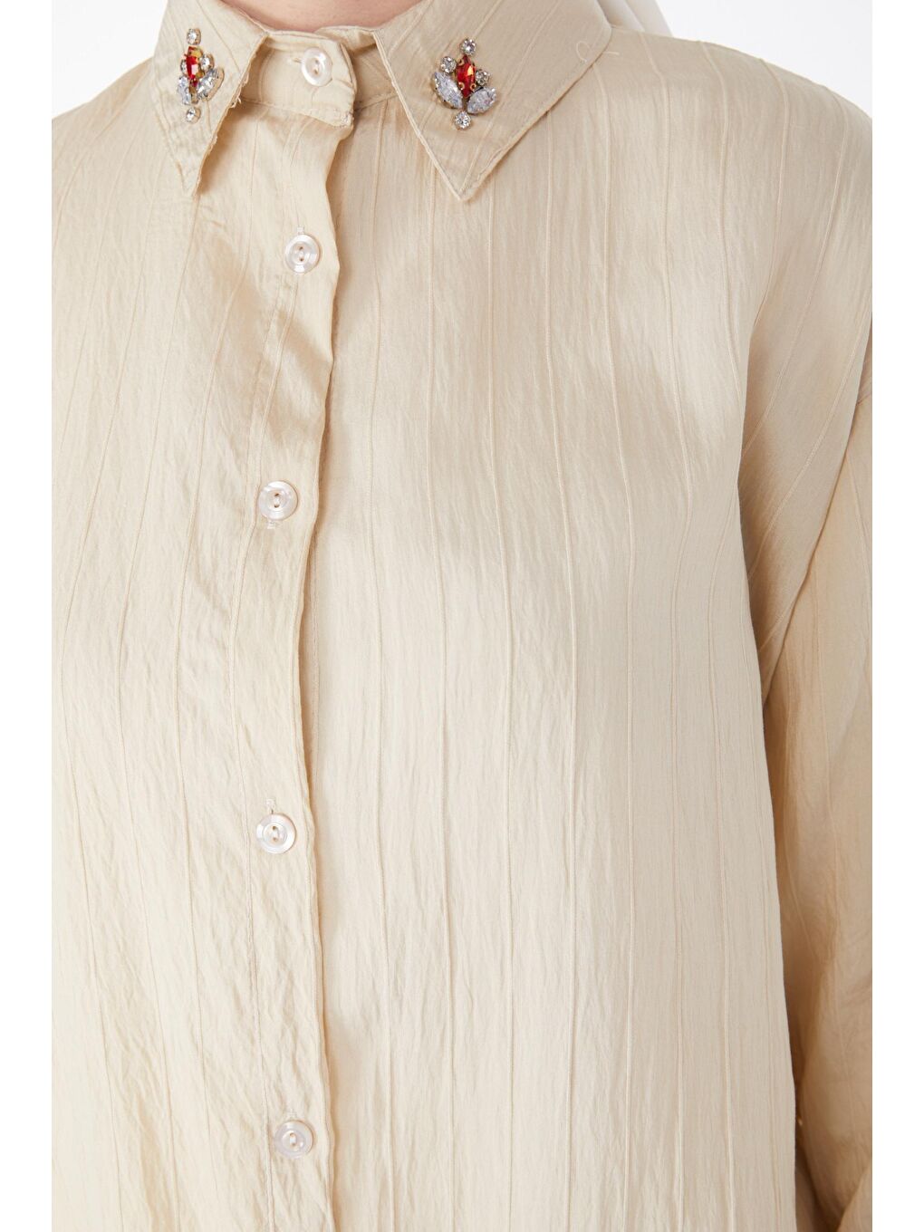 Gömlek Yaka Kadın Bej Taş Detaylı Gömlek - 25255-5