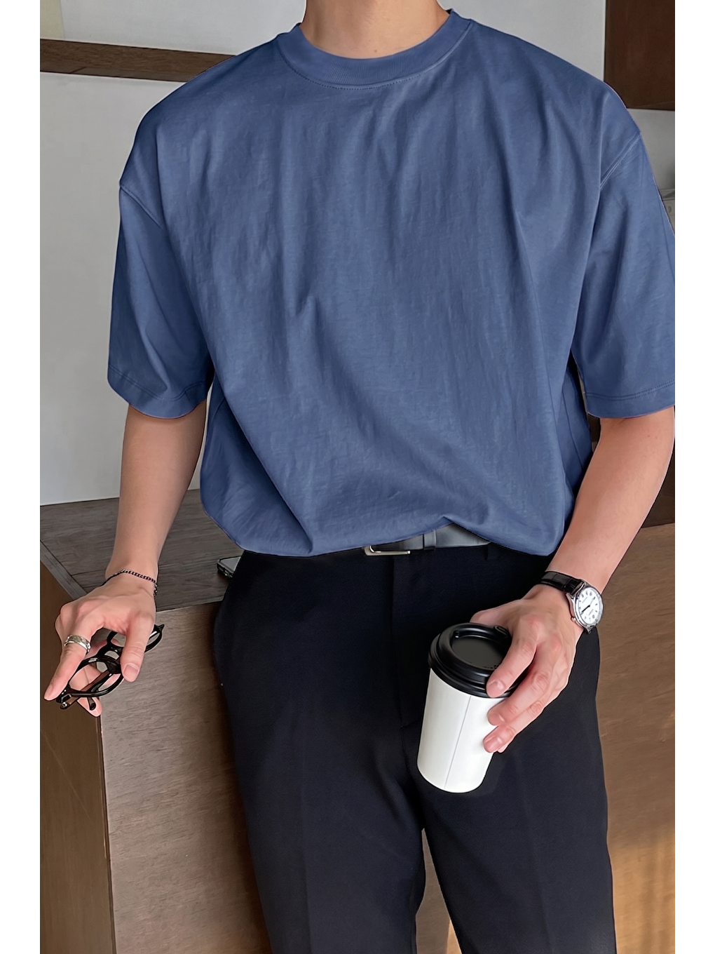 İndigo Erkek Oversize Tişört Pamuk Kumaş Bisiklet Yaka Rahat Kalıp T-shirt-1