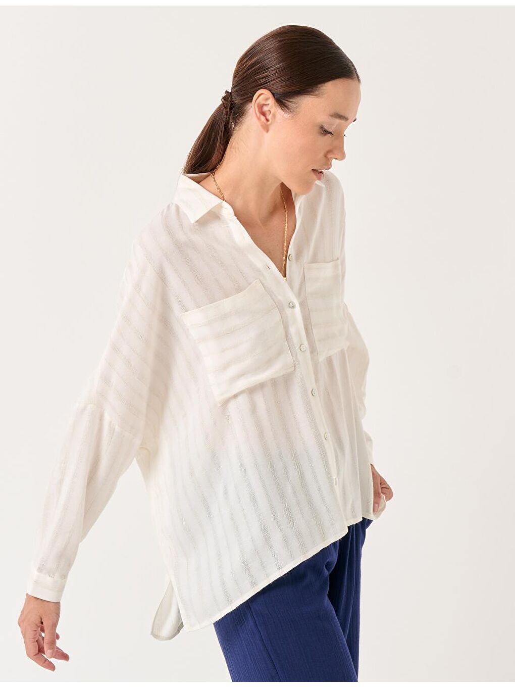 Ekru Oversize Uzun Kollu Çizgili Gömlek-1