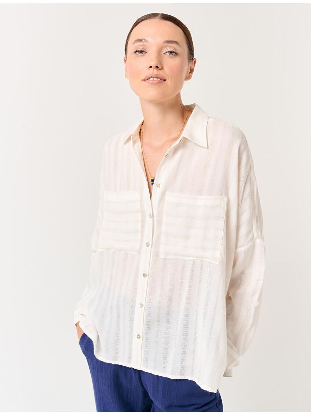 Ekru Oversize Uzun Kollu Çizgili Gömlek-2