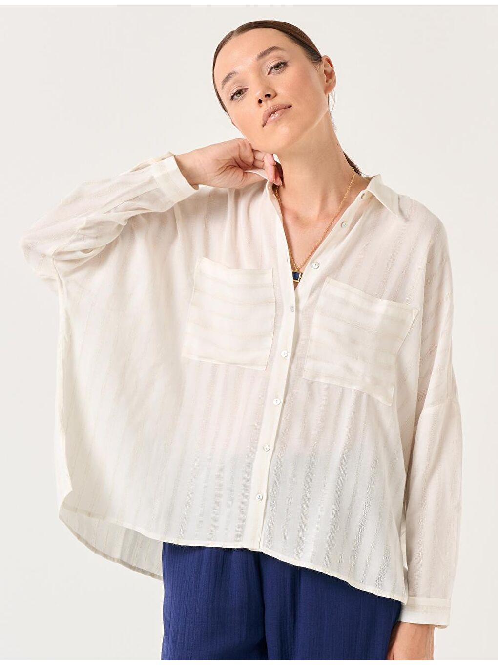 Ekru Oversize Uzun Kollu Çizgili Gömlek-5