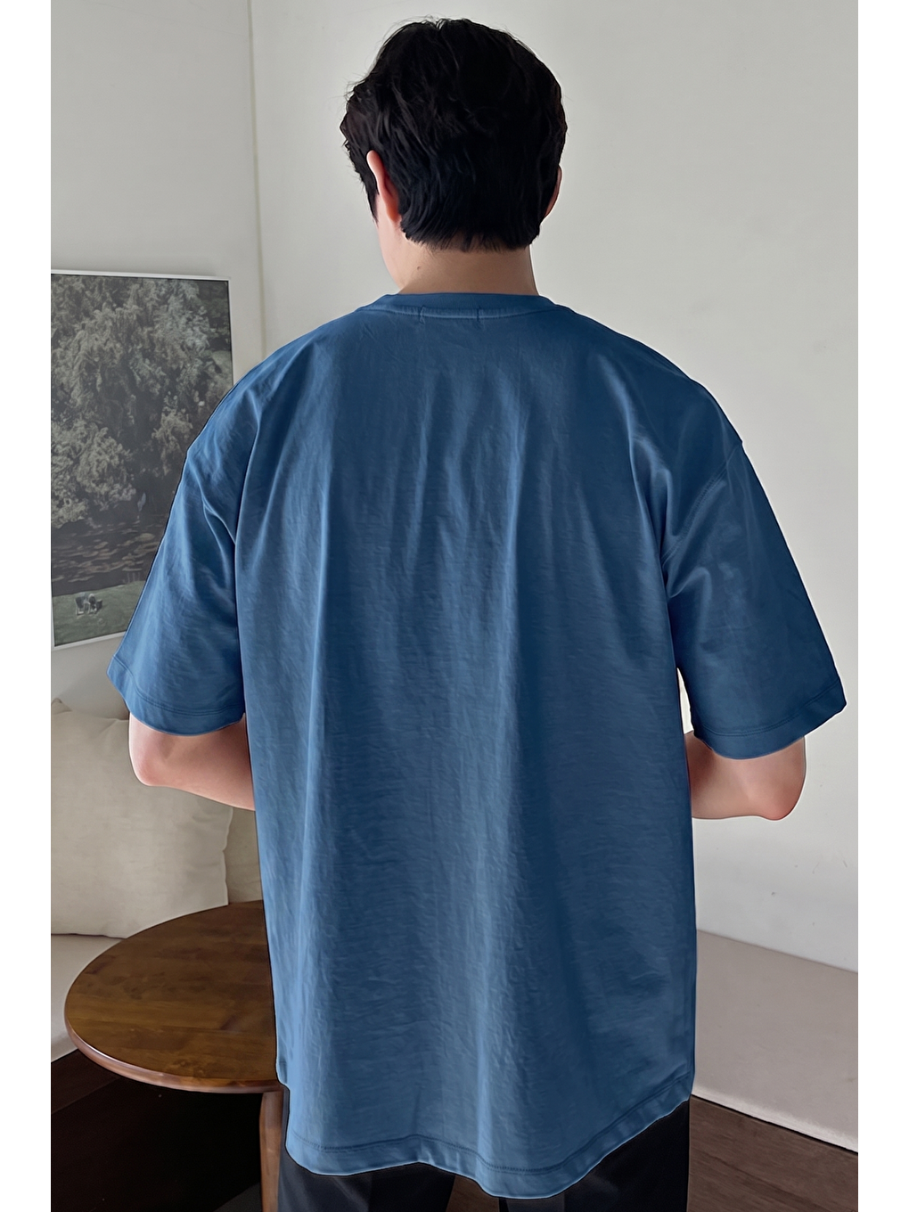 İndigo Erkek Oversize Tişört Pamuk Kumaş Bisiklet Yaka Rahat Kalıp T-shirt-3