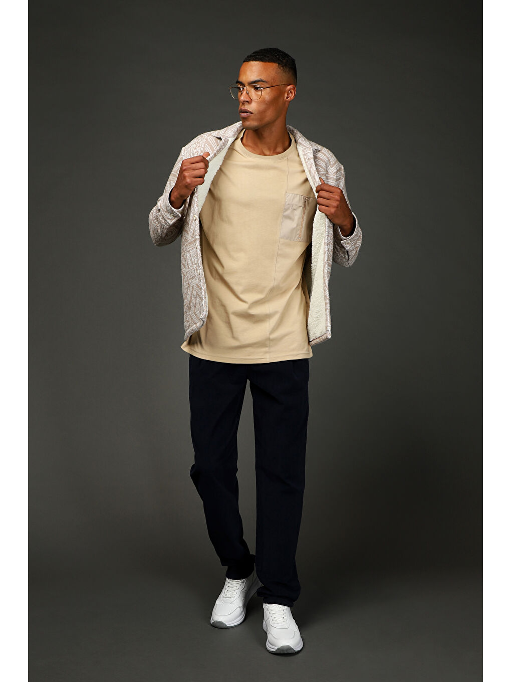 Bej Uzun Kol Oversize Desenli Kürklü Pamuklu Gömlek / Mont-1