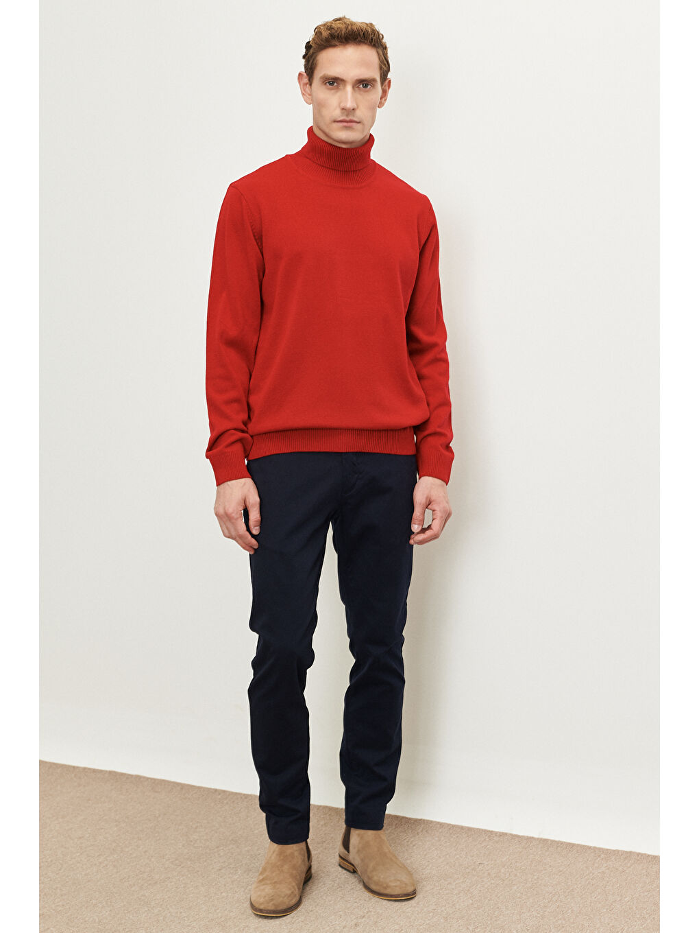 Erkek Kırmızı Tüylenme Yapmayan Anti Pilling Özellikli Standart Fit Tam Balıkçı Yaka Triko-1