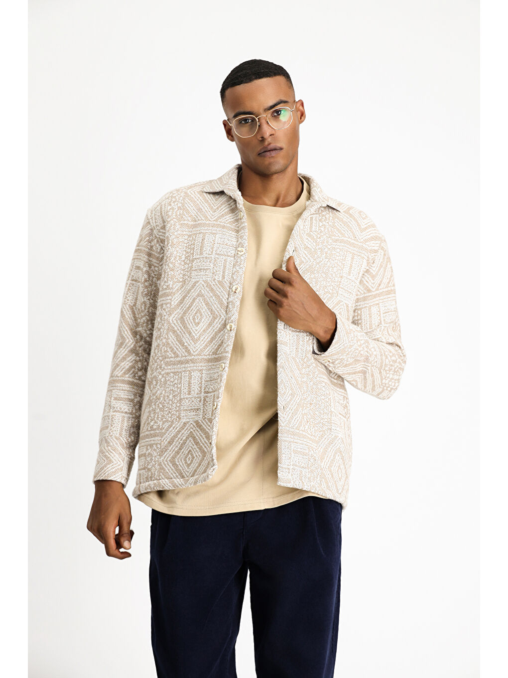 Bej Uzun Kol Oversize Desenli Kürklü Pamuklu Gömlek / Mont-2