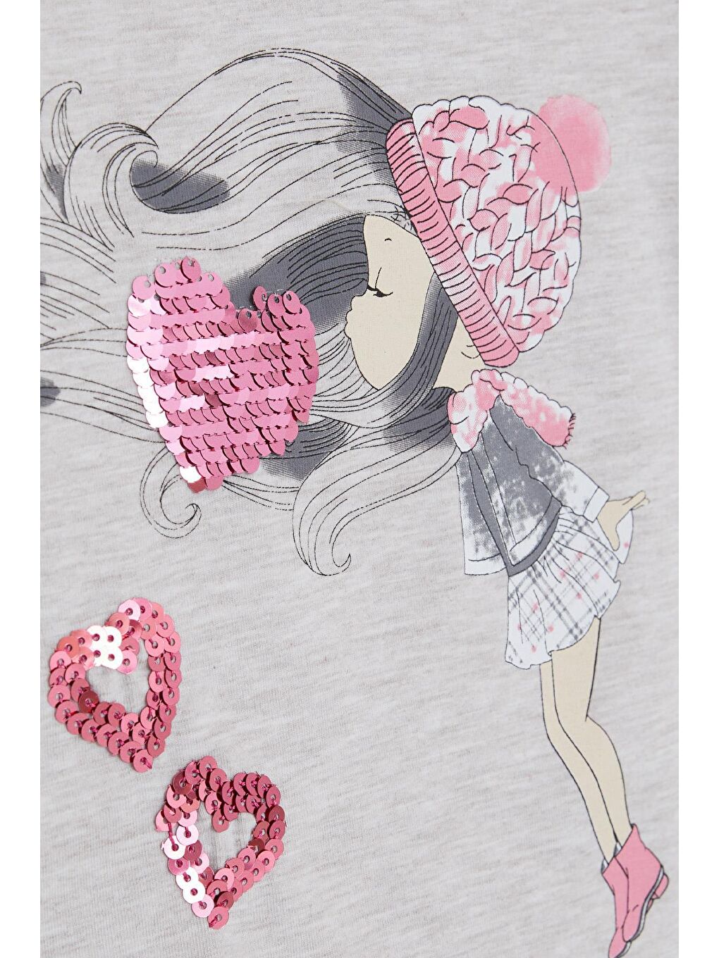 Kız Çocuk Uzun Kollu Tişört Pullu Kalp Baskılı Bej Melanj (2-6 Yaş)-3