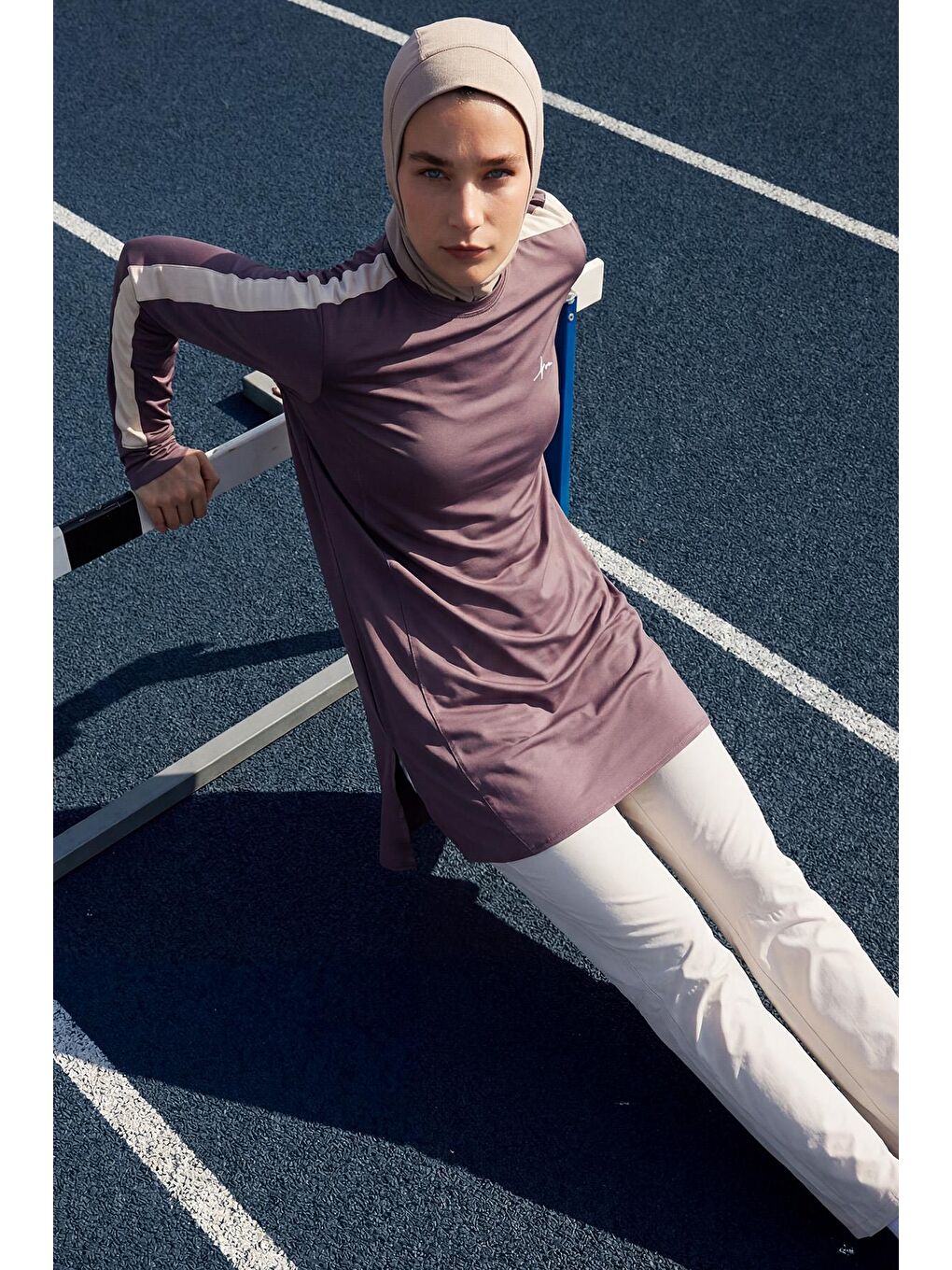 Active H-Per Fit Bisiklet Yaka Kolları Şerit Detaylı Mor Tesettür Antrenman Üstü Act-35-2