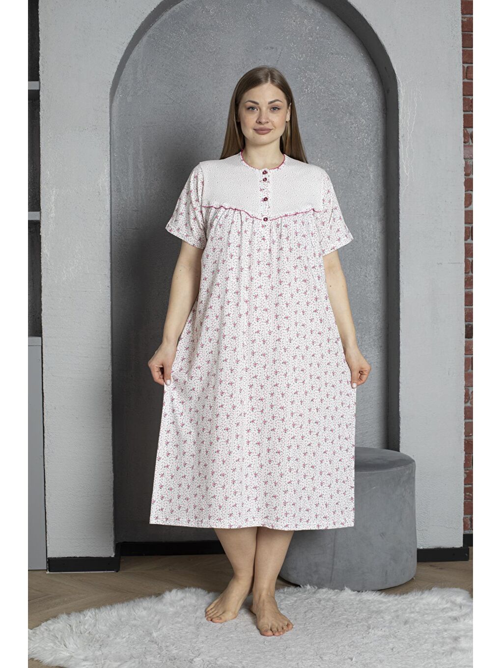 Fuşya %100 Pamuklu Penye Kısa Kollu Büyük Beden Anne Geceliği 160