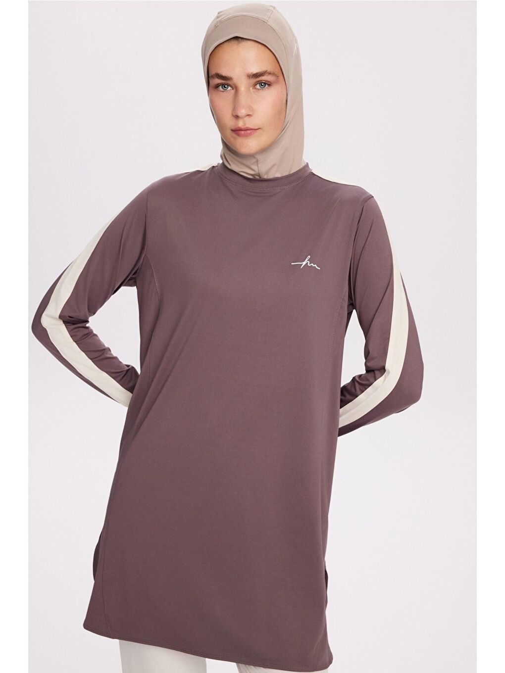 Active H-Per Fit Bisiklet Yaka Kolları Şerit Detaylı Mor Tesettür Antrenman Üstü Act-35-3