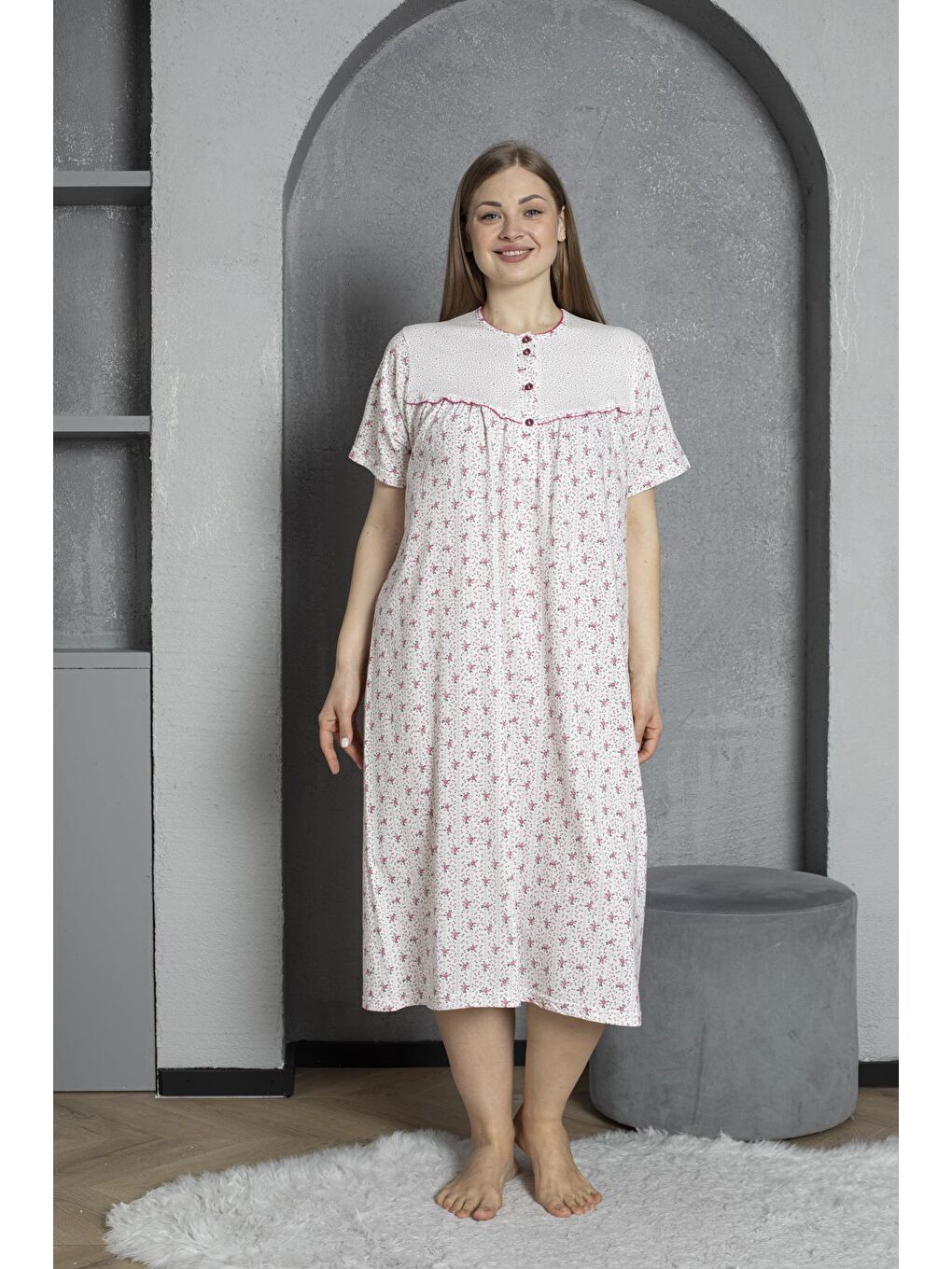 Fuşya %100 Pamuklu Penye Kısa Kollu Büyük Beden Anne Geceliği 160-1