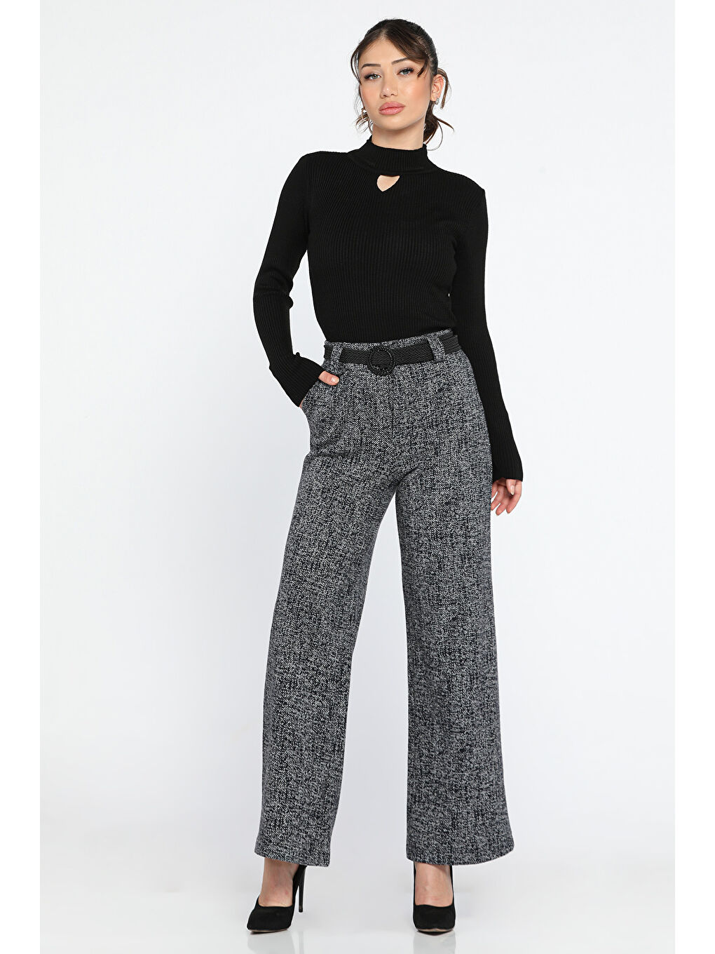 Lacivert Kadın Kışlık Karyağdı Desenli Pile Detaylı Kemerli Palazzo Pantolon